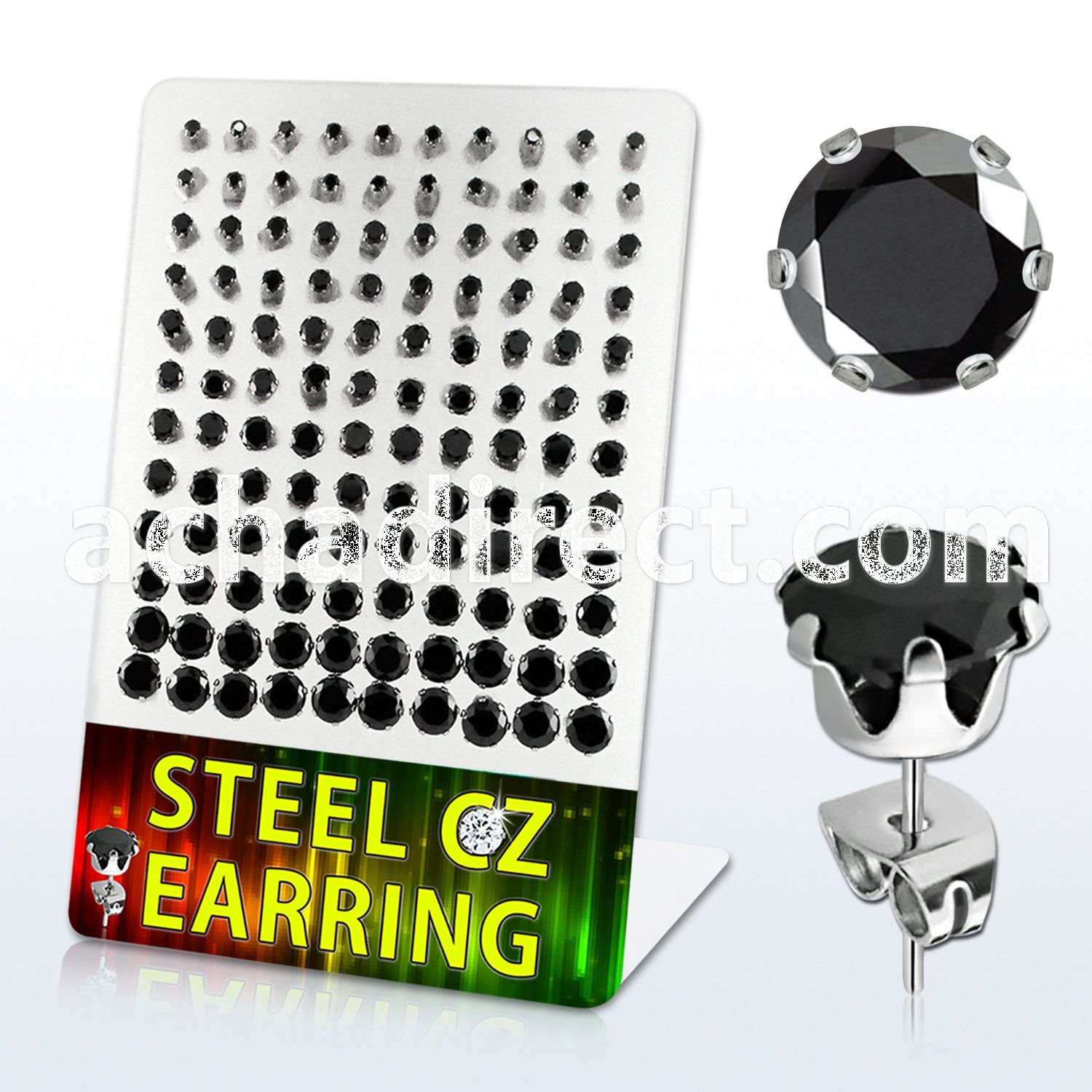 derzg2 316l steel ear stud with black round prong cz stone