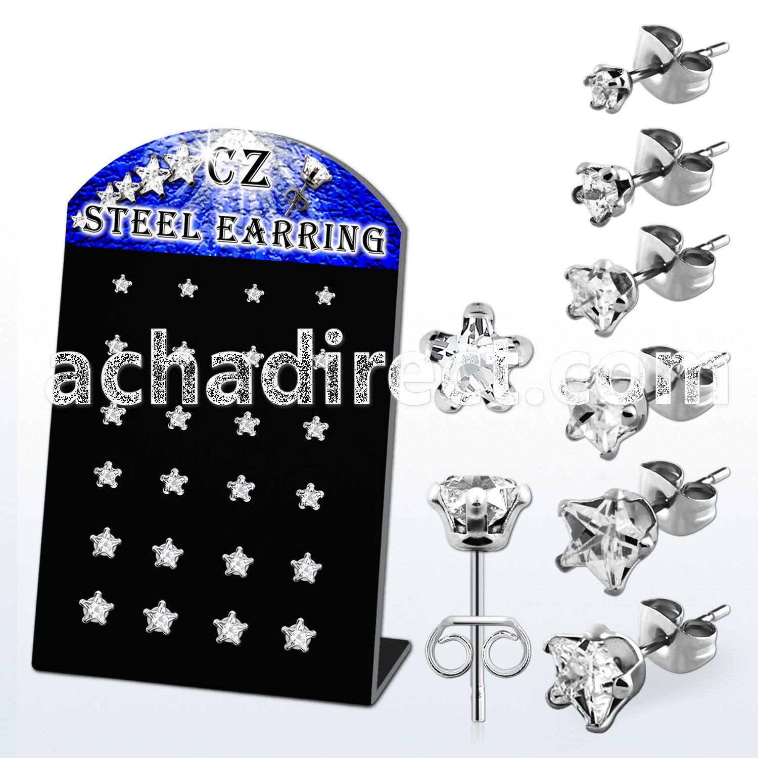 derzst 316l steel earring stud with clear star shaped prong cz
