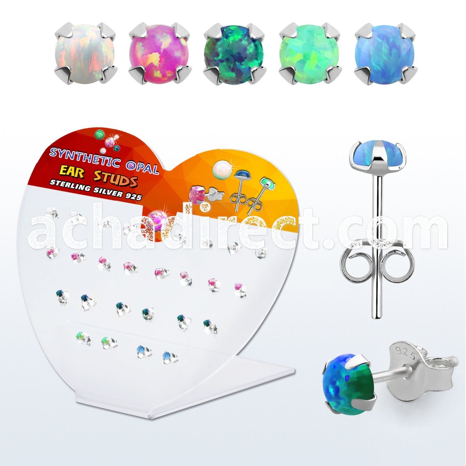 devpo25 display silver ear studs w prong set synthetic opal top