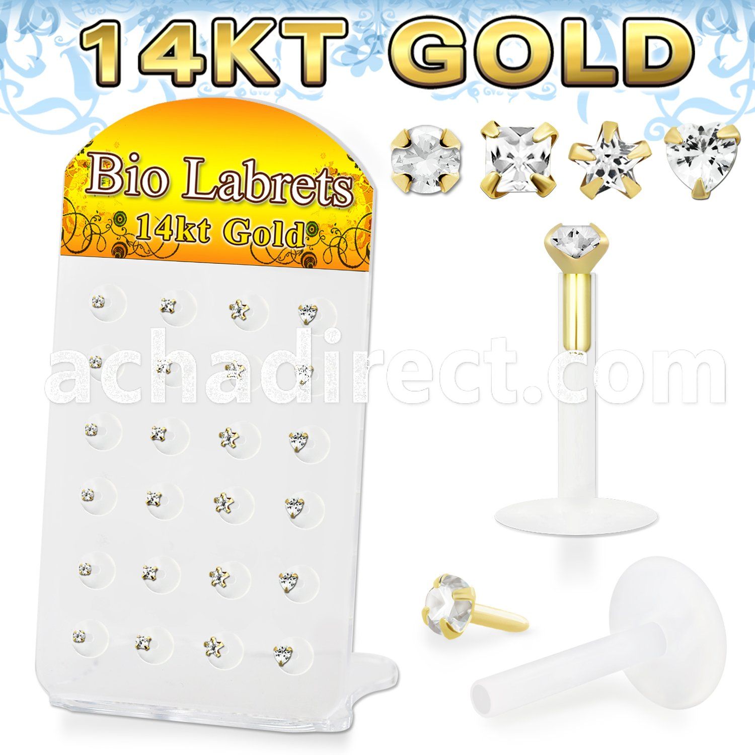 dgbizc bioflex labret w push in 14kt gold top w prong cz