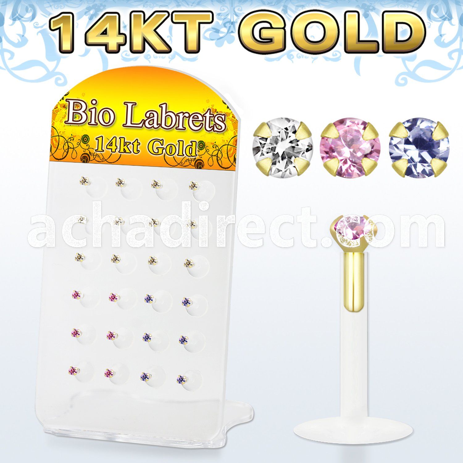 dgbizm bioflex labret with 14kt gold top with prong cz stone
