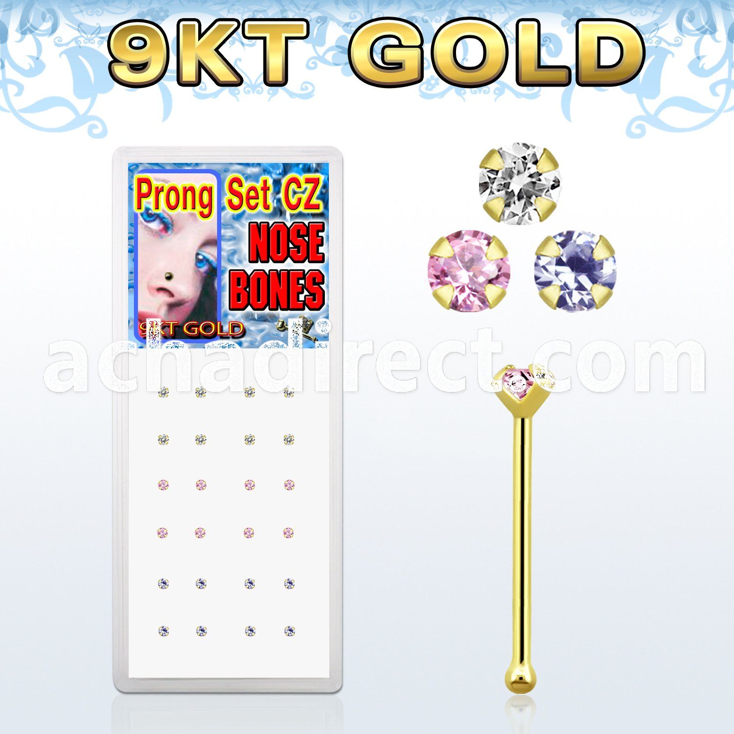 dgbz9m 9k gold nose bone with 1 5mm round colored prong cz