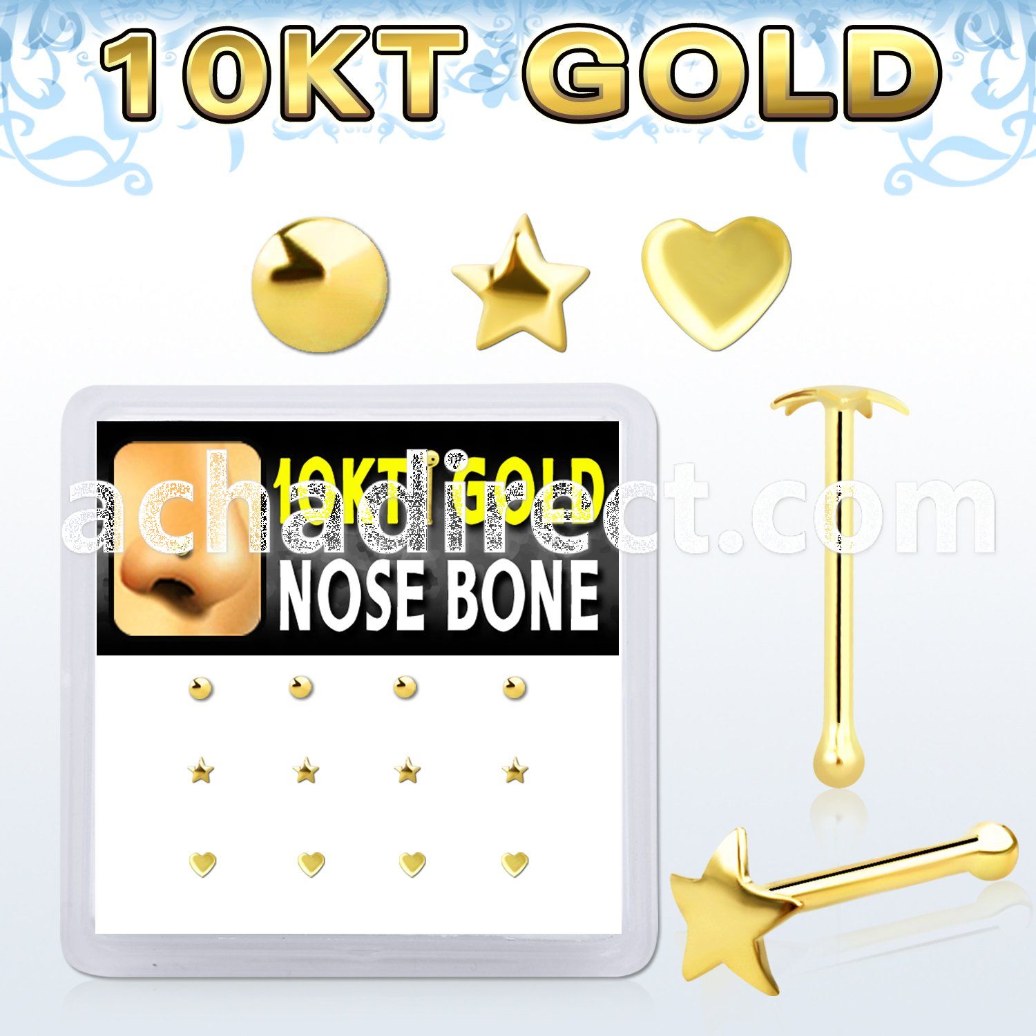 dginb10 10kt gold nose bone with star, heart and disc gold tops 