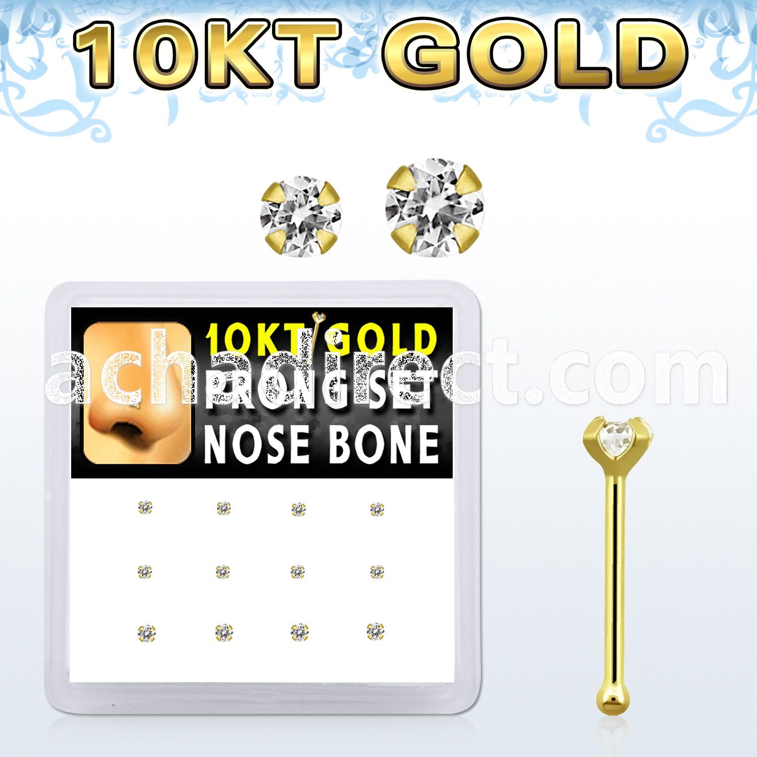 dginb11 box w 10kt gold nose bones w 1.5 2 mm round cz tops