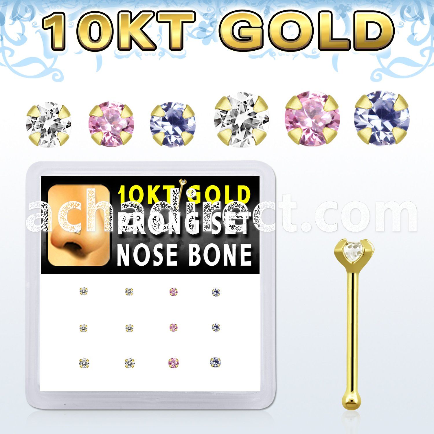 dginb12 box w 10kt gold nose bones w 1.5 2 mm round cz tops