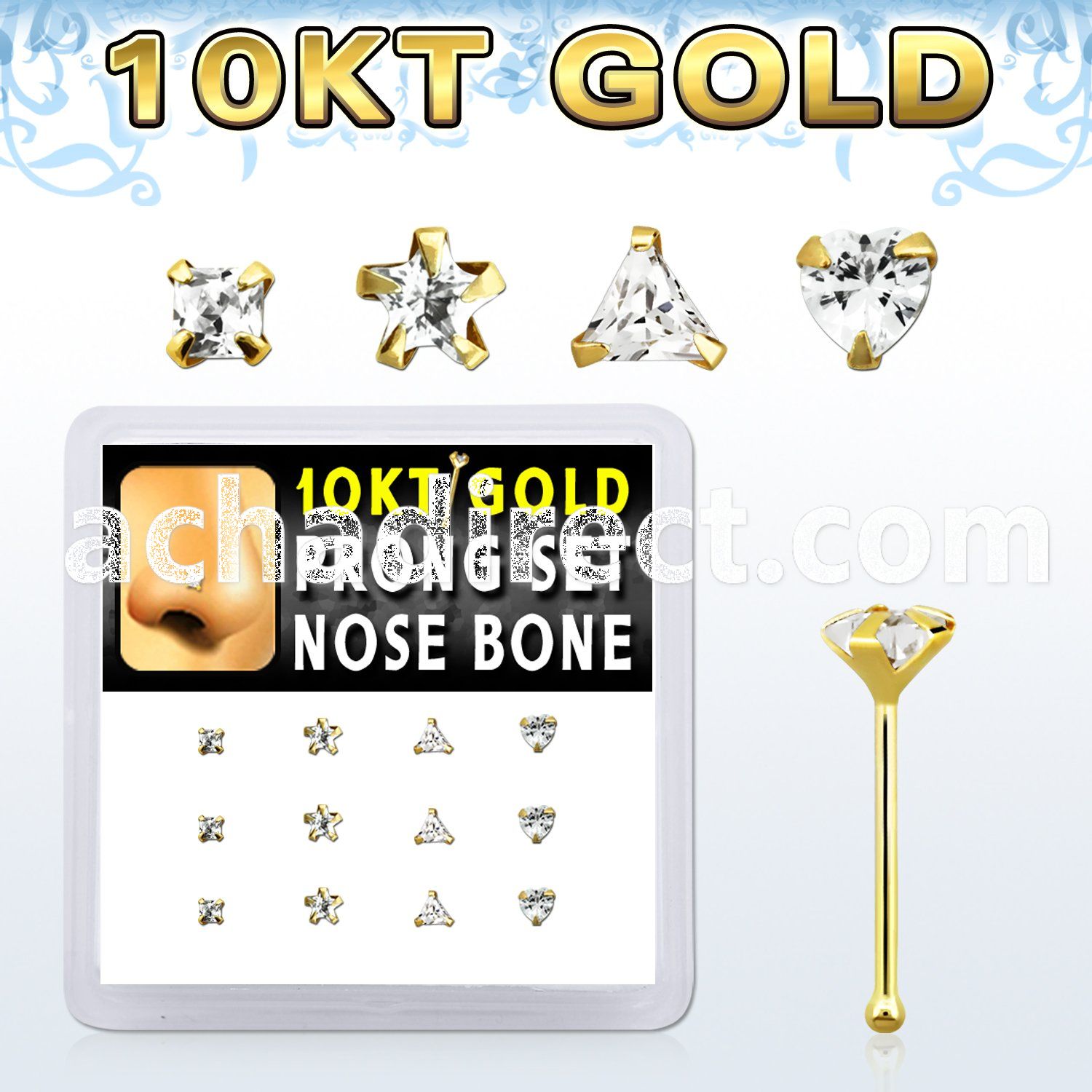 dginb13 box w 10kt gold nose bones w 3 mm special shape cz tops