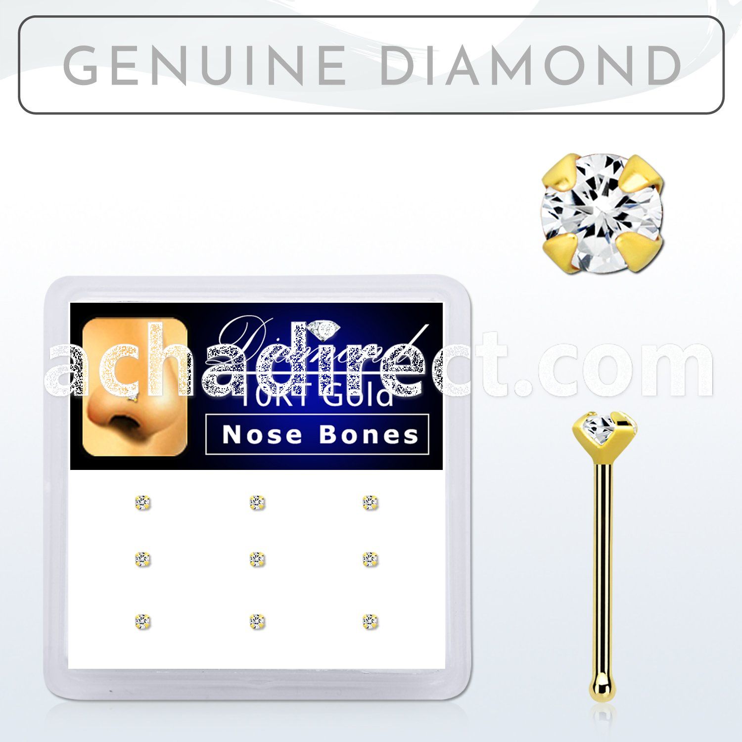 dginb15 box w 10kt gold nose bones w 1.5 real prong set diamonds