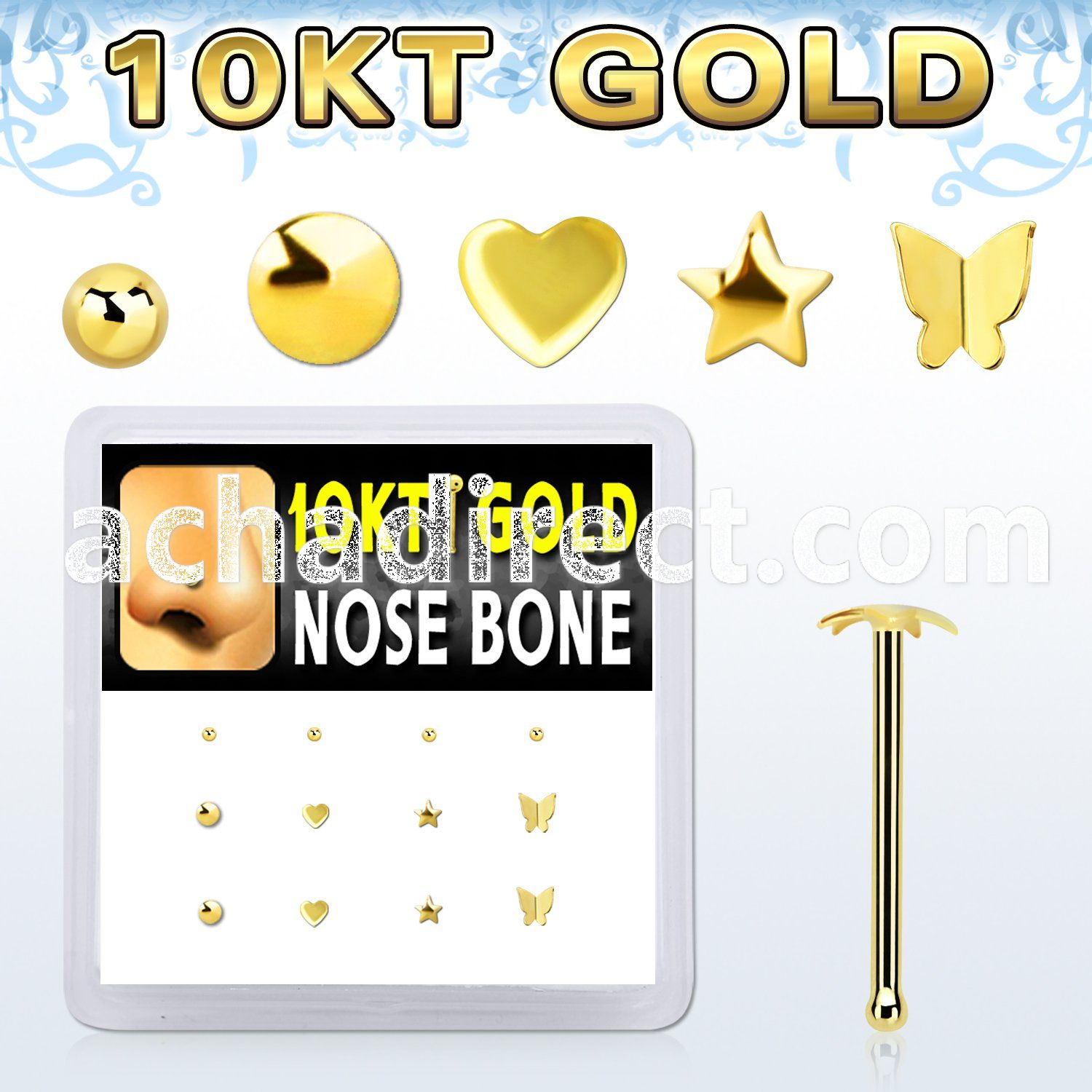 dginb16 box w 10kt gold nose bones w mixed plain tops