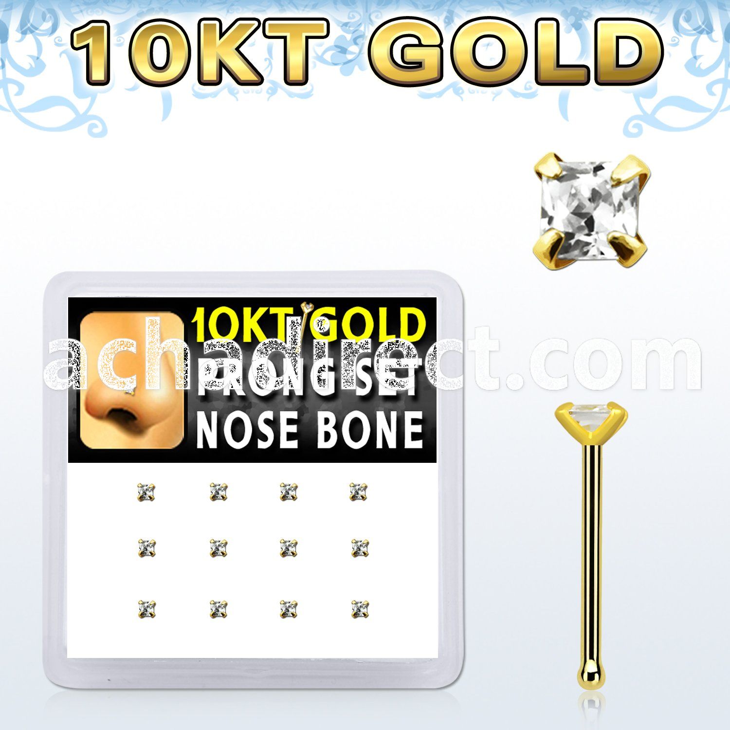 dginb19 box w 10kt gold nose bones w prong set 2mm square cz 