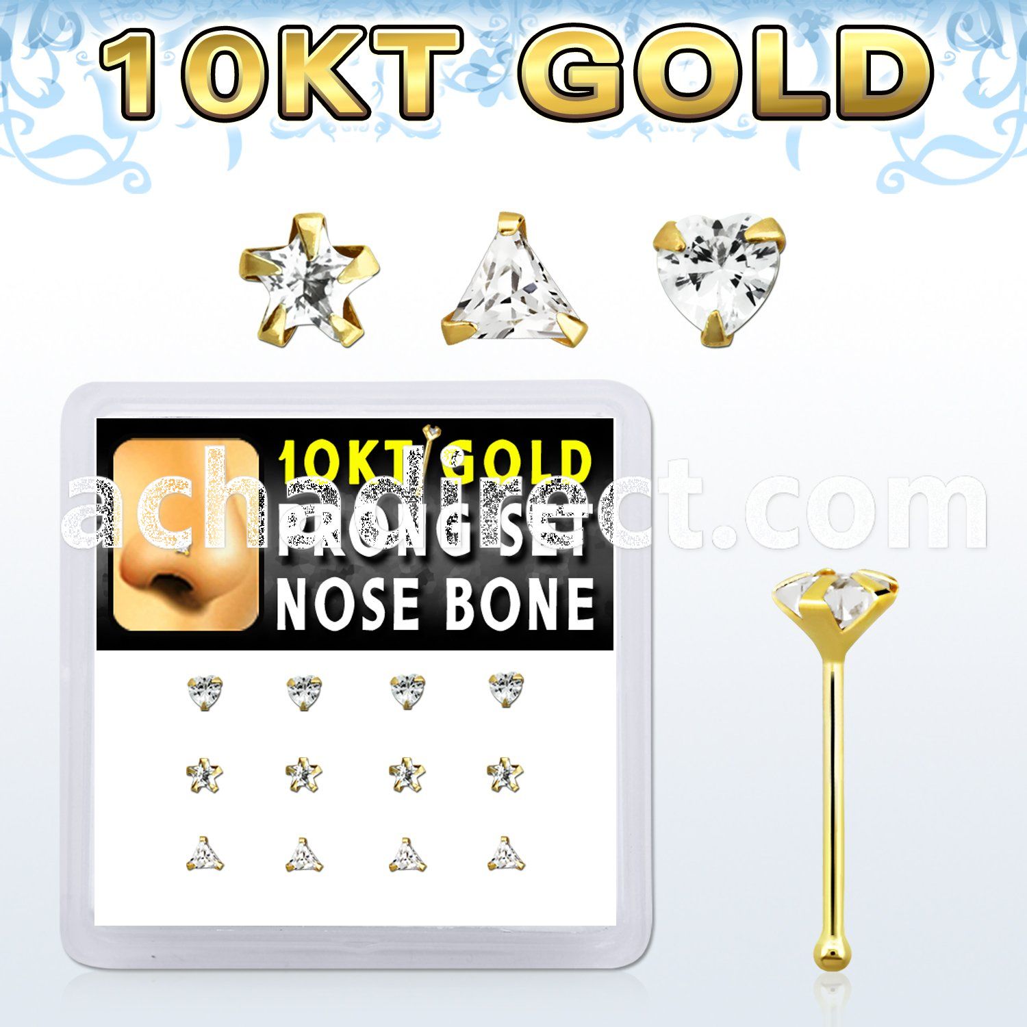 dginb20 box w 10kt gold nose bones w 3mm cz in mixed shapes