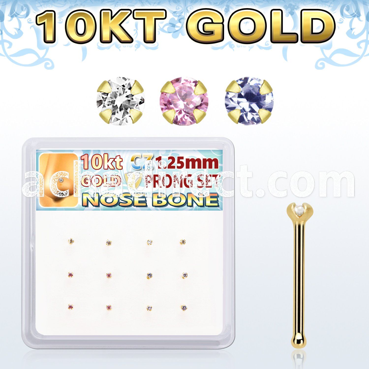 dginb23 box w 10kt gold nose bones w 1.25mm round cz 