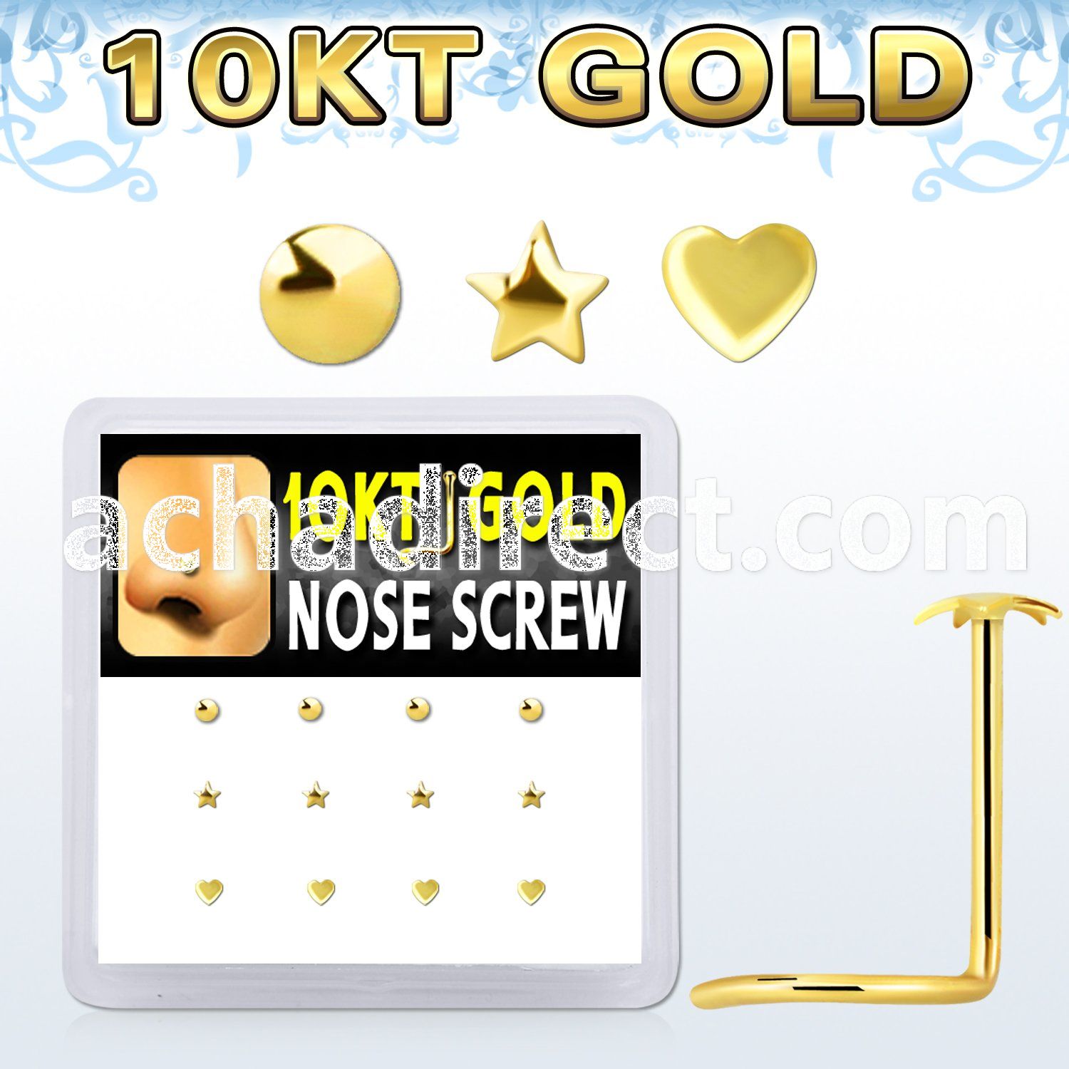 dgisc10 box w 12 10kt gold nose screws w assorted shaped tops 