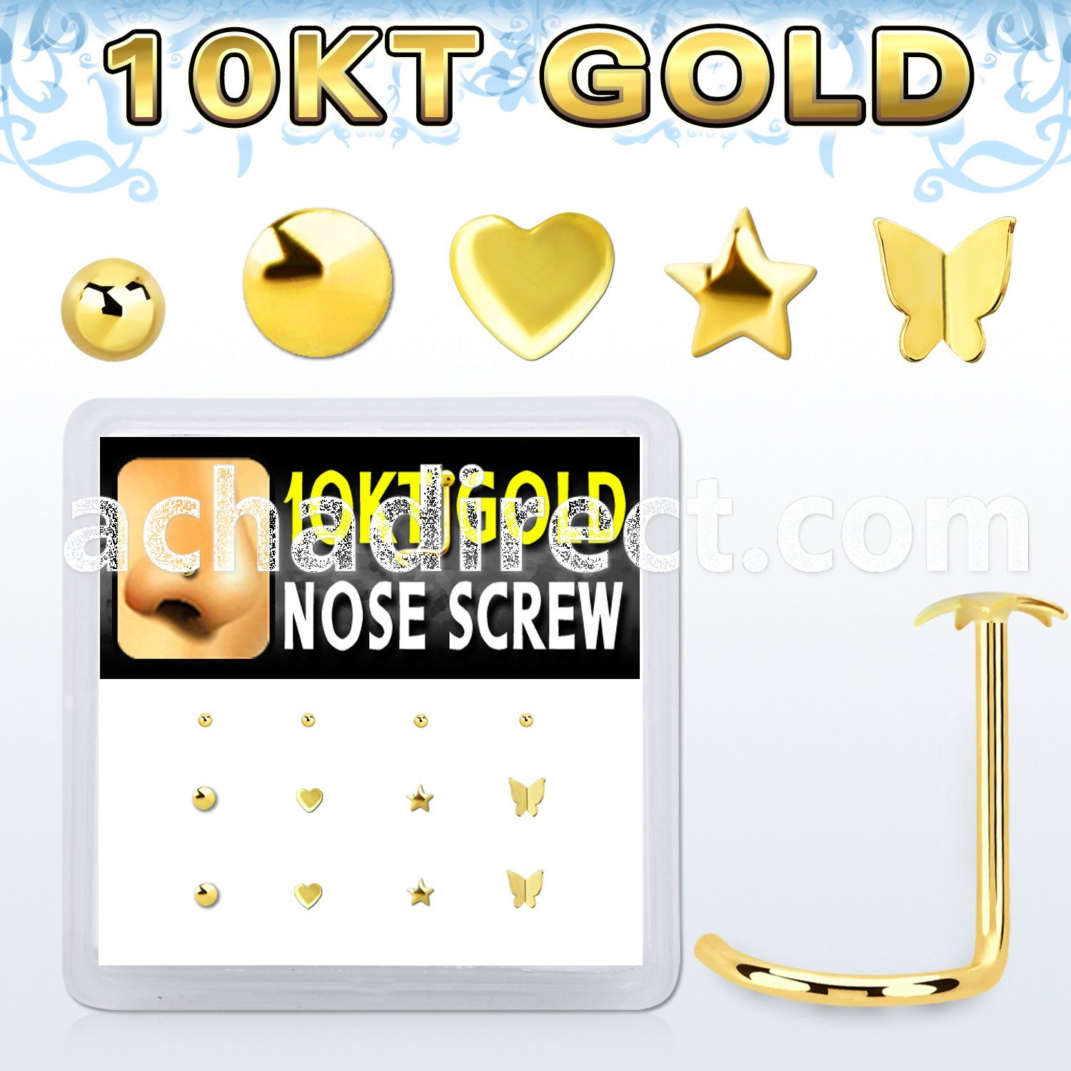 dgisc16 box w 10kt gold nose screw w 3mm cz stones in mix shape