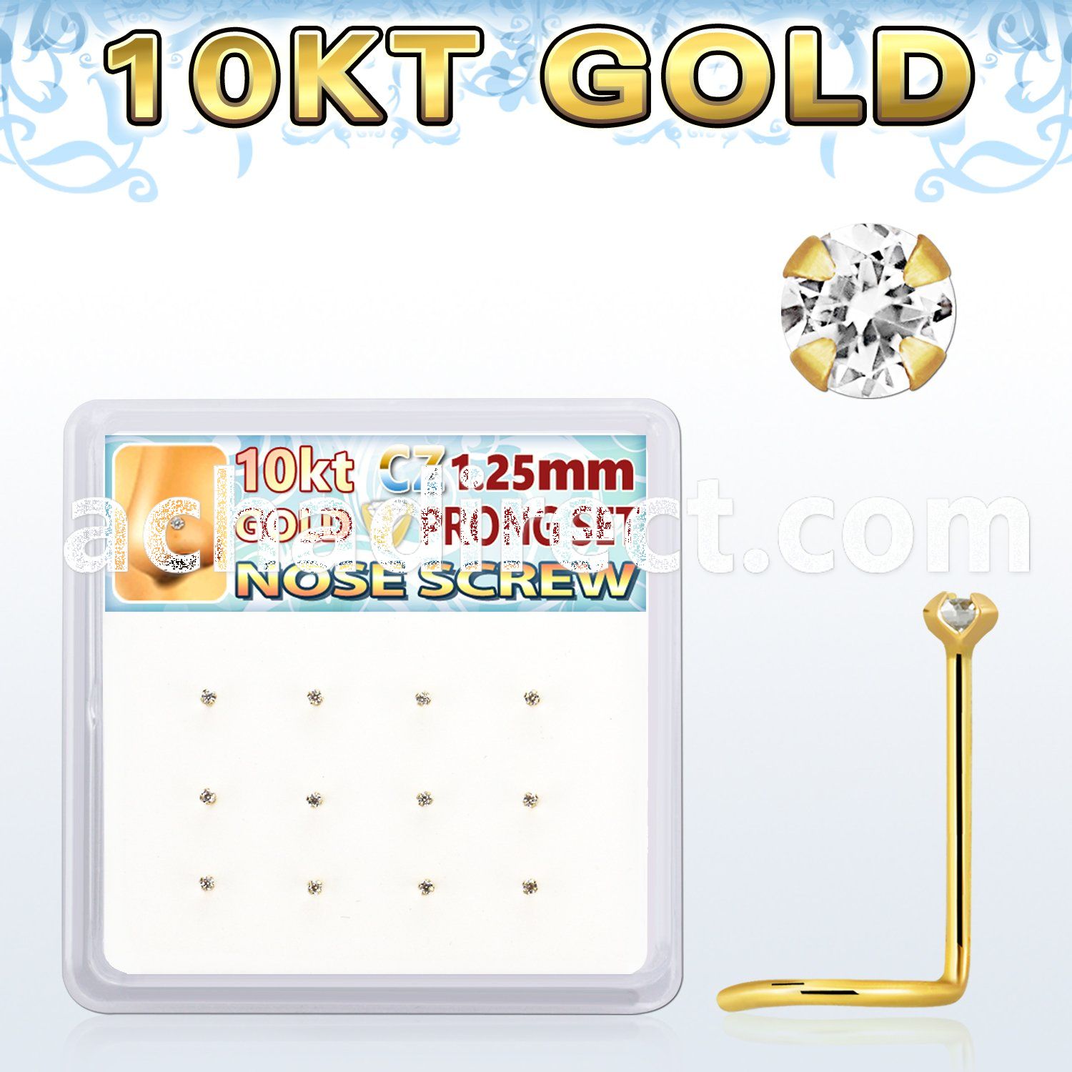 dgisc22 box w 10kt gold nose screws w 1.25mm clear round cz 