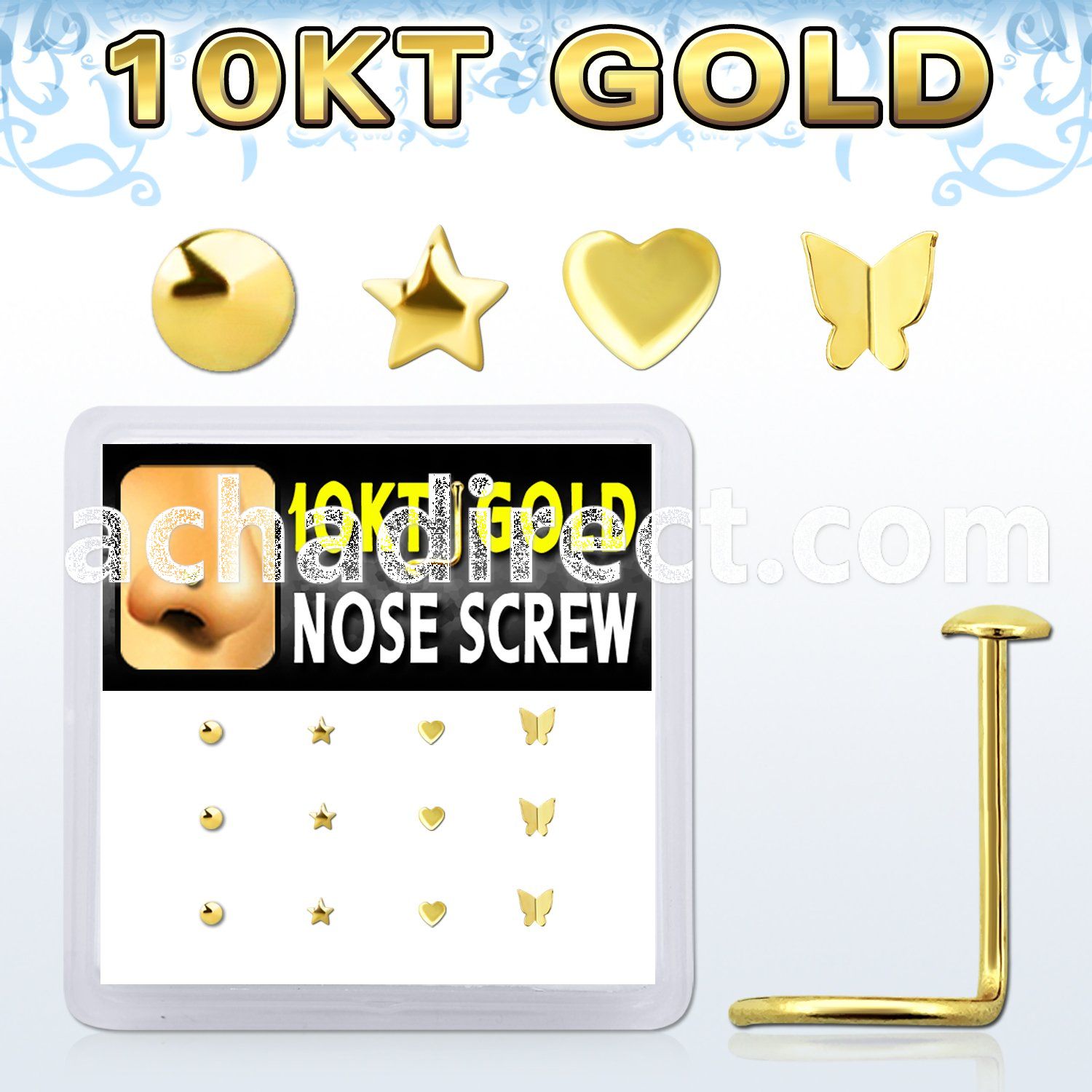 dgisc4 10kt gold nose screw with assorted shaped tops