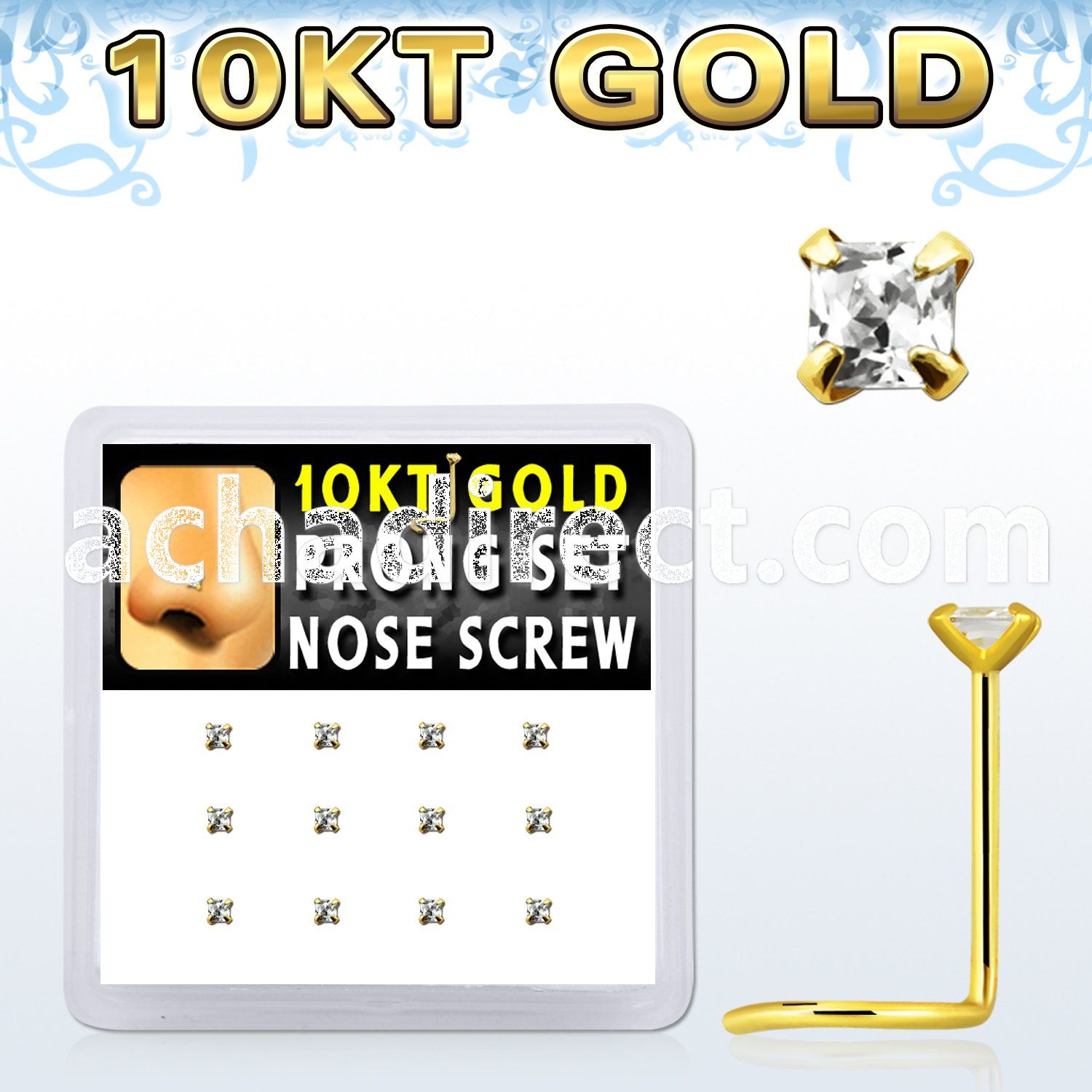 dgisc6 box w 12 pc of 10k gold nose screw w 2mm square clear cz