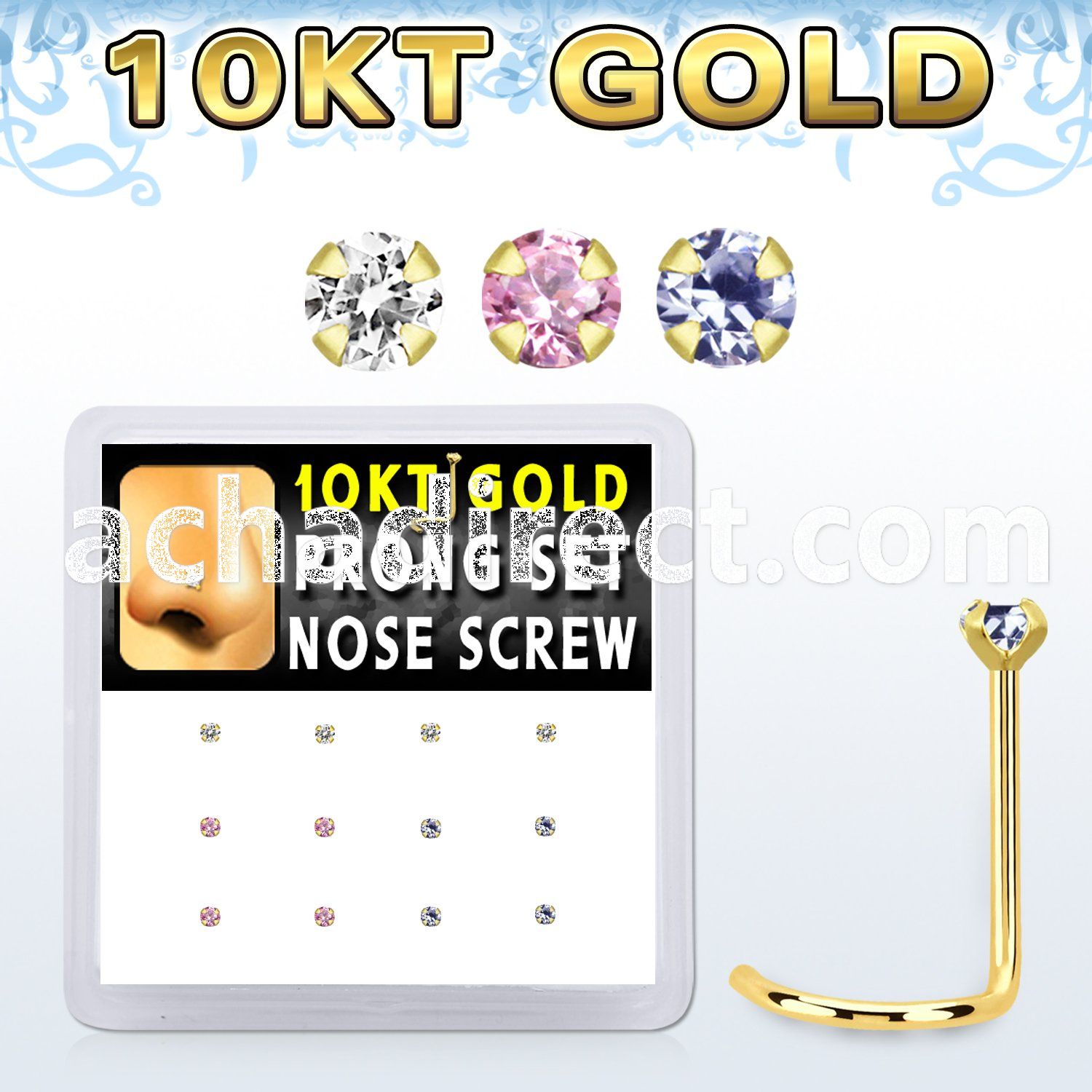 dgisc7 box w 10kt gold nose screw w mixed 1.5mm prong set czs