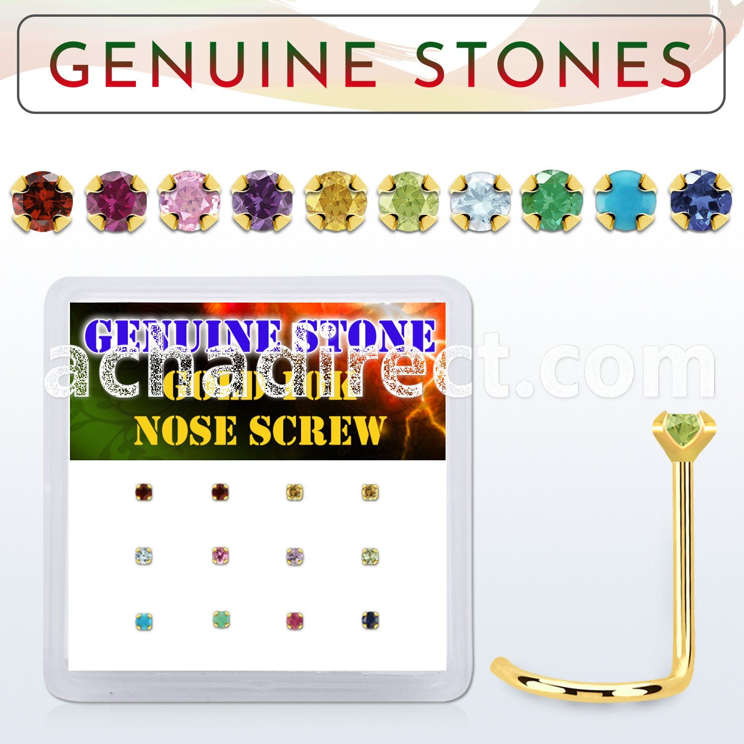 dgisc8 box w 10kt gold nose screws w 2mm genuine gemstones