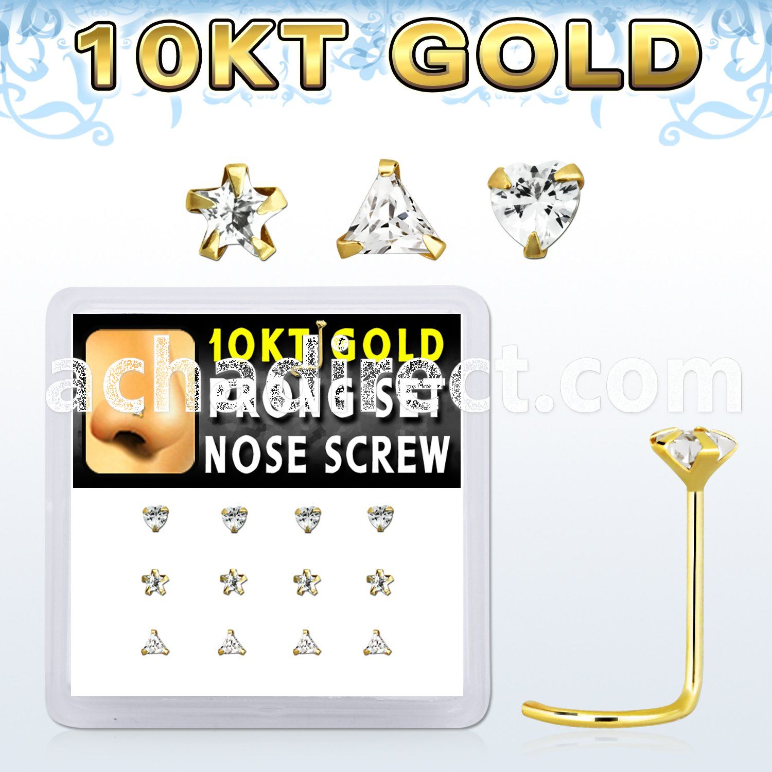dgisc9 box w 12 pcs of 10kt gold nose screw w clear assorted cz