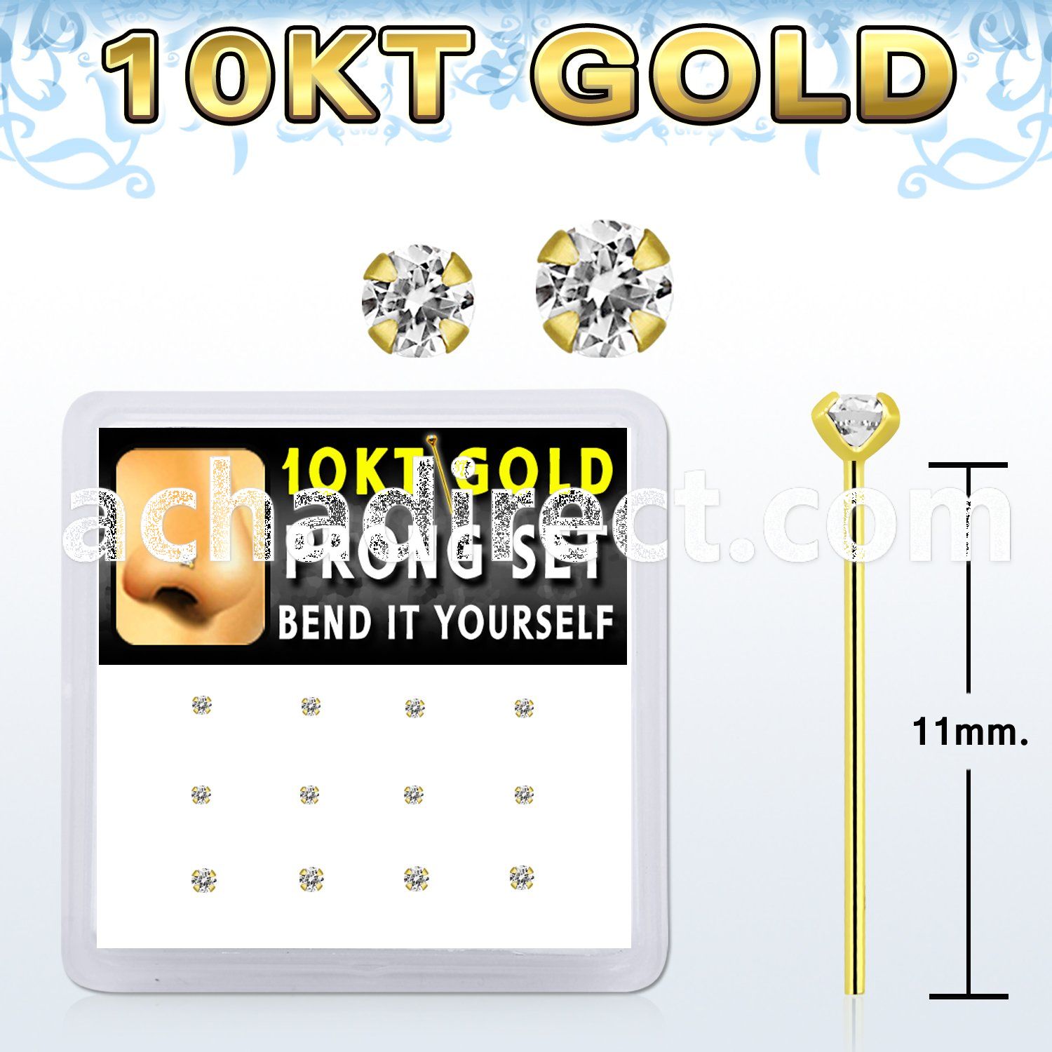 dgiys11 box 10kt gold bend it nose stud w 1.5 2mm prong set cz