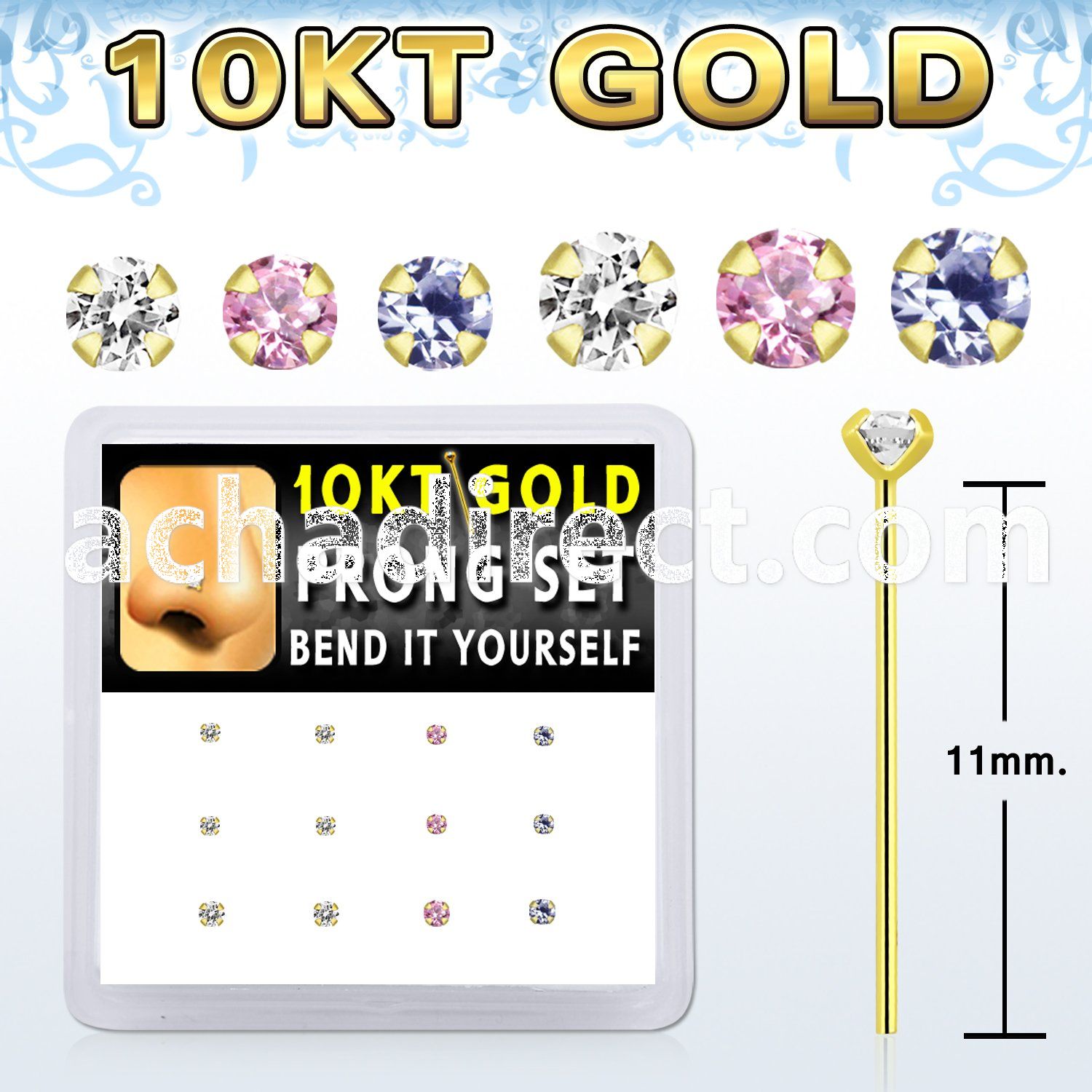 dgiys12 box 10kt gold bend it nose stud w 1.5 2mm color czs