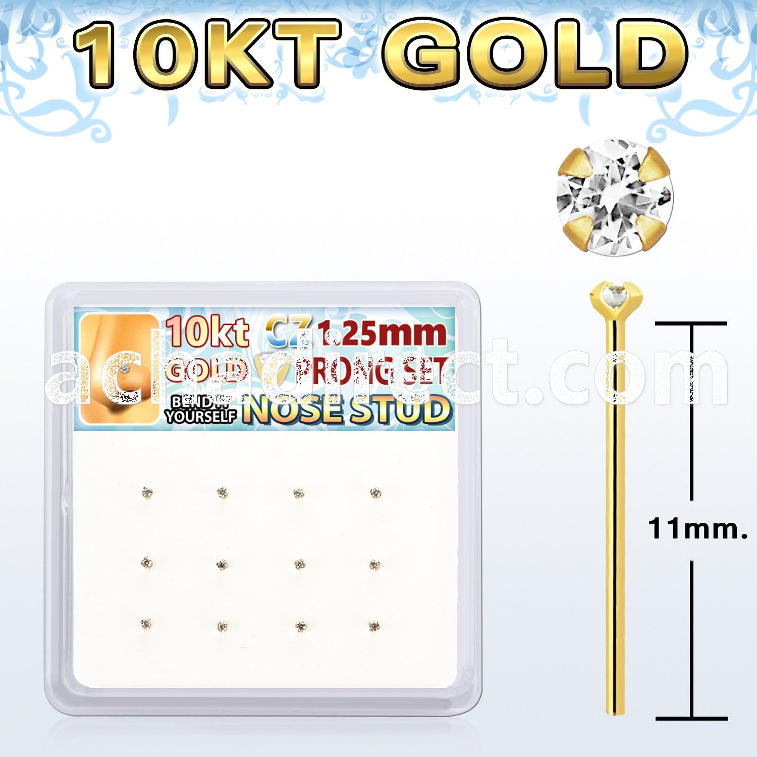 dgiys22 box w 10kt gold nose bend it nose stud w 1.2mm clear cz 