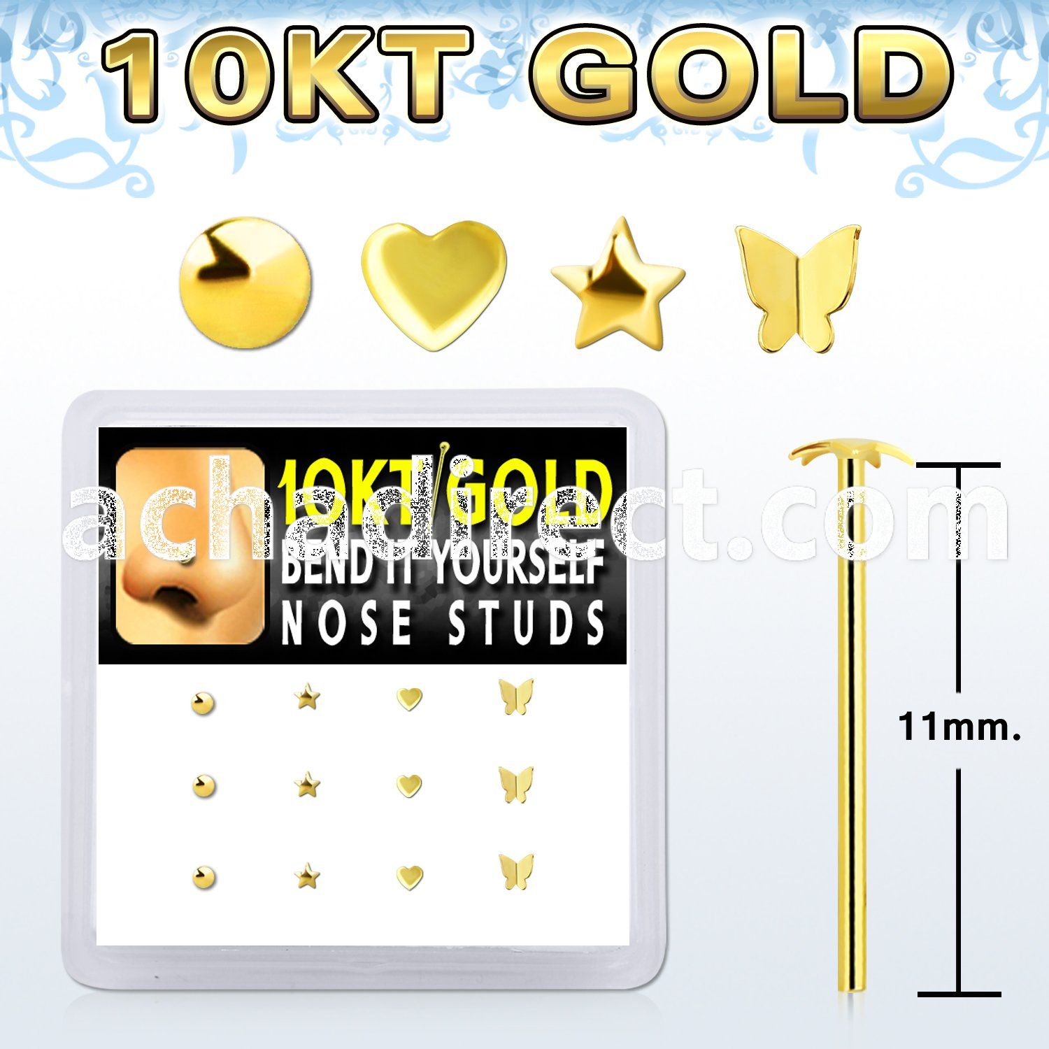 dgiys26 box w 12 10kt gold bend it nose stud w mixed shaped top