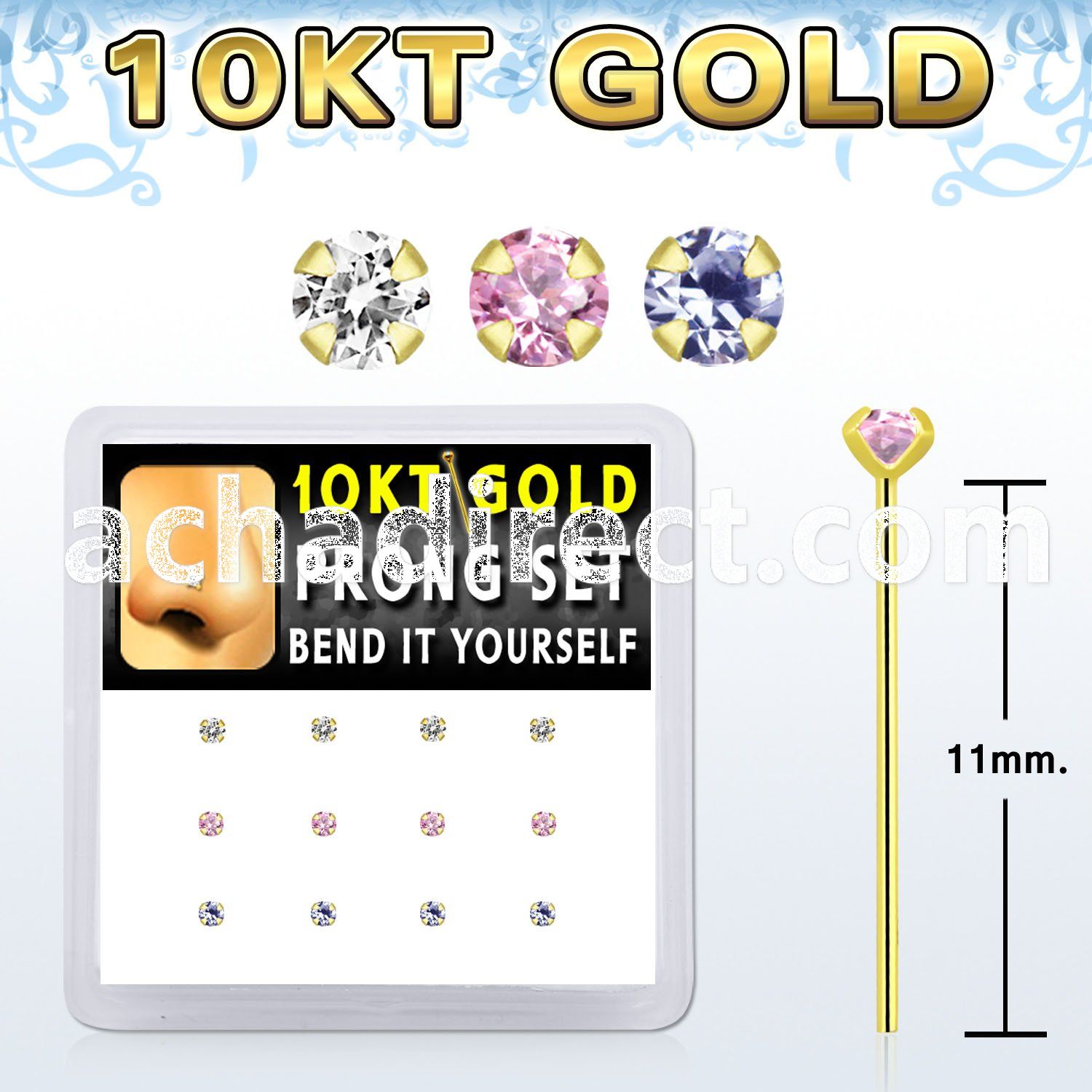 dgiys27 box w 10kt gold bend it nose studs w prong set 2mm cz 