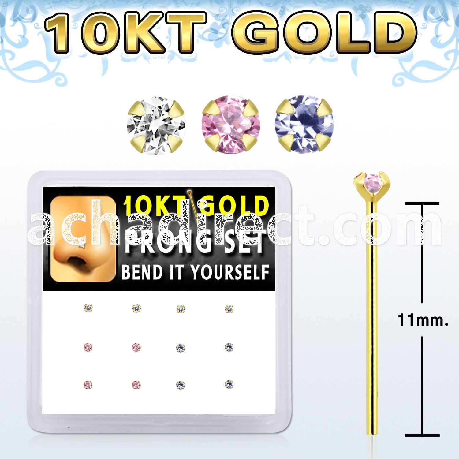 dgiys4 box w 10kt gold bend it nose studs w prong set 1.5mm cz 
