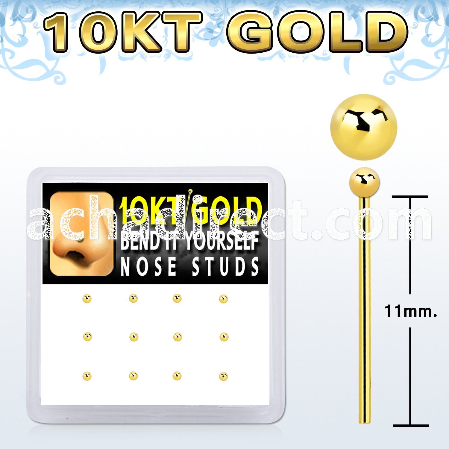 dgiys5 box w 12 10kt gold bend it nose studs w 1.5mm ball tops