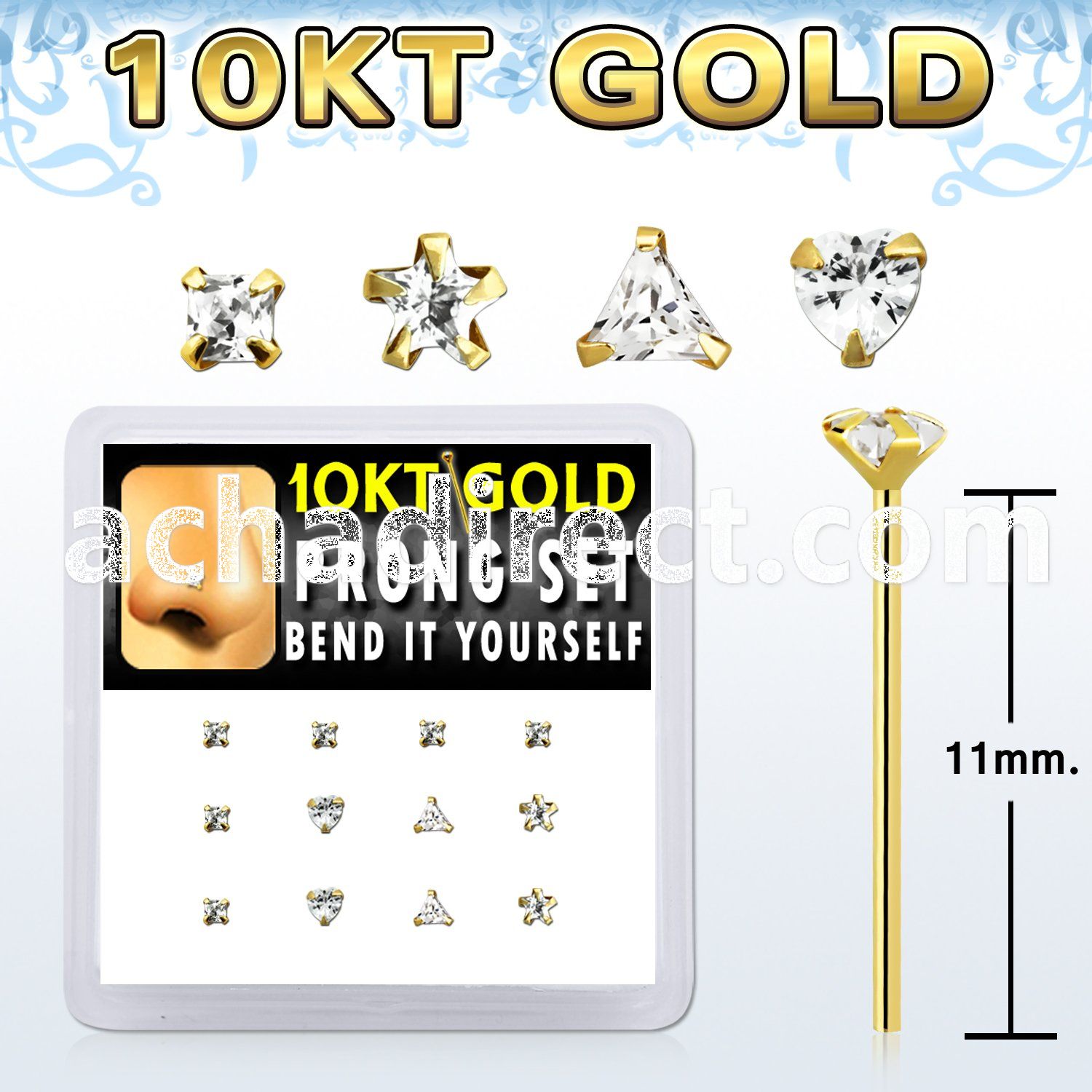 dgiys6 box w 10kt gold nose bend it nose studs cz in mix shape
