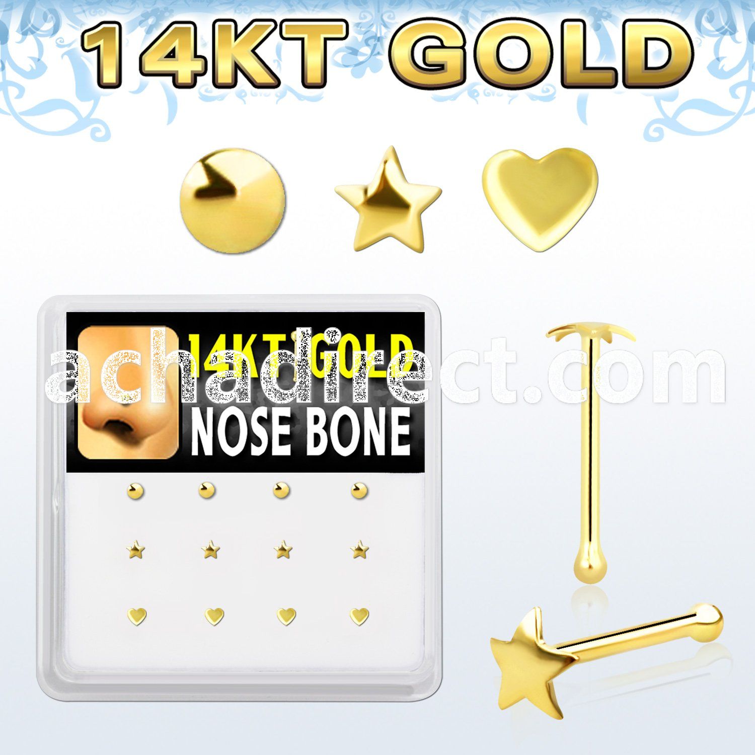 dgnb10 14kt gold nose bone with star heart and disc gold tops