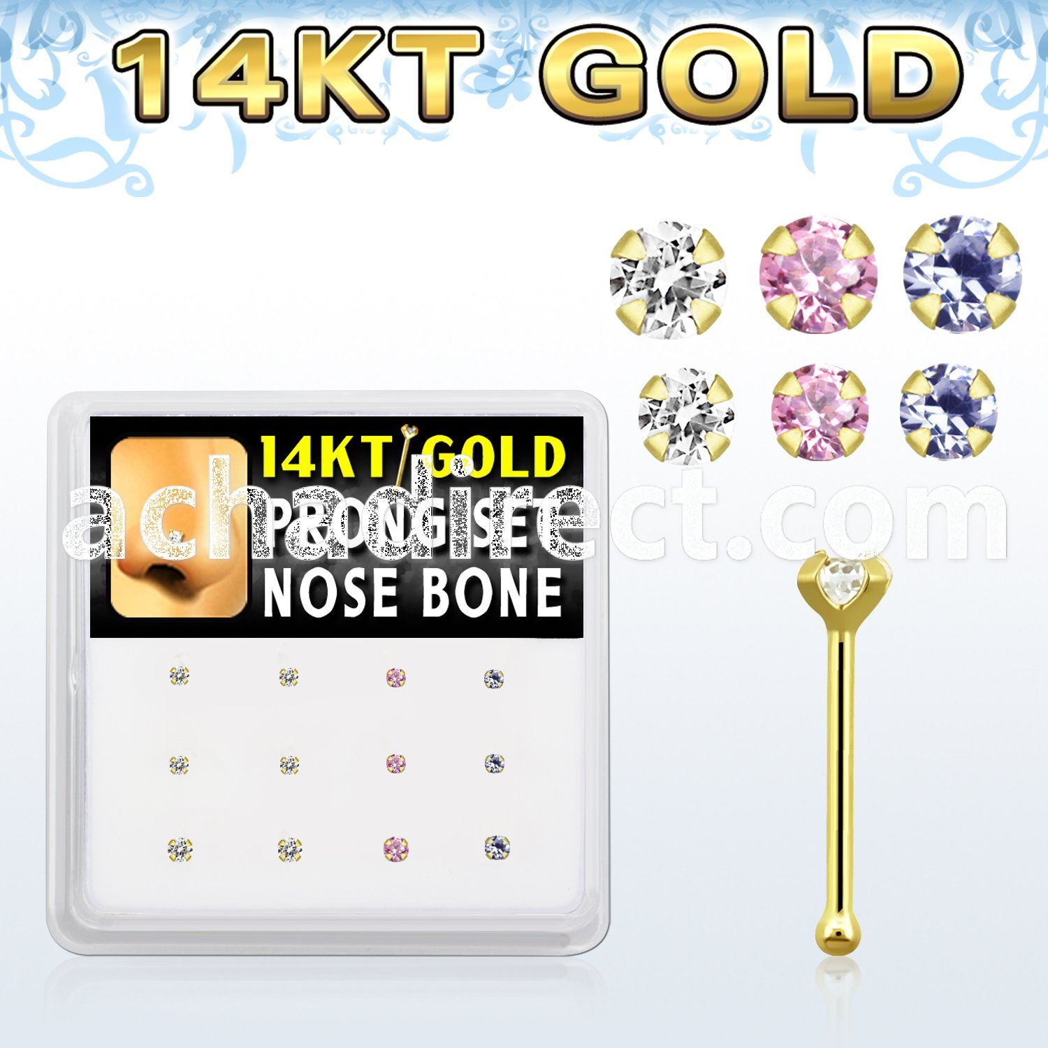 dgnb12 box w 14kt gold nose bones w 1 5 2 mm round cz tops