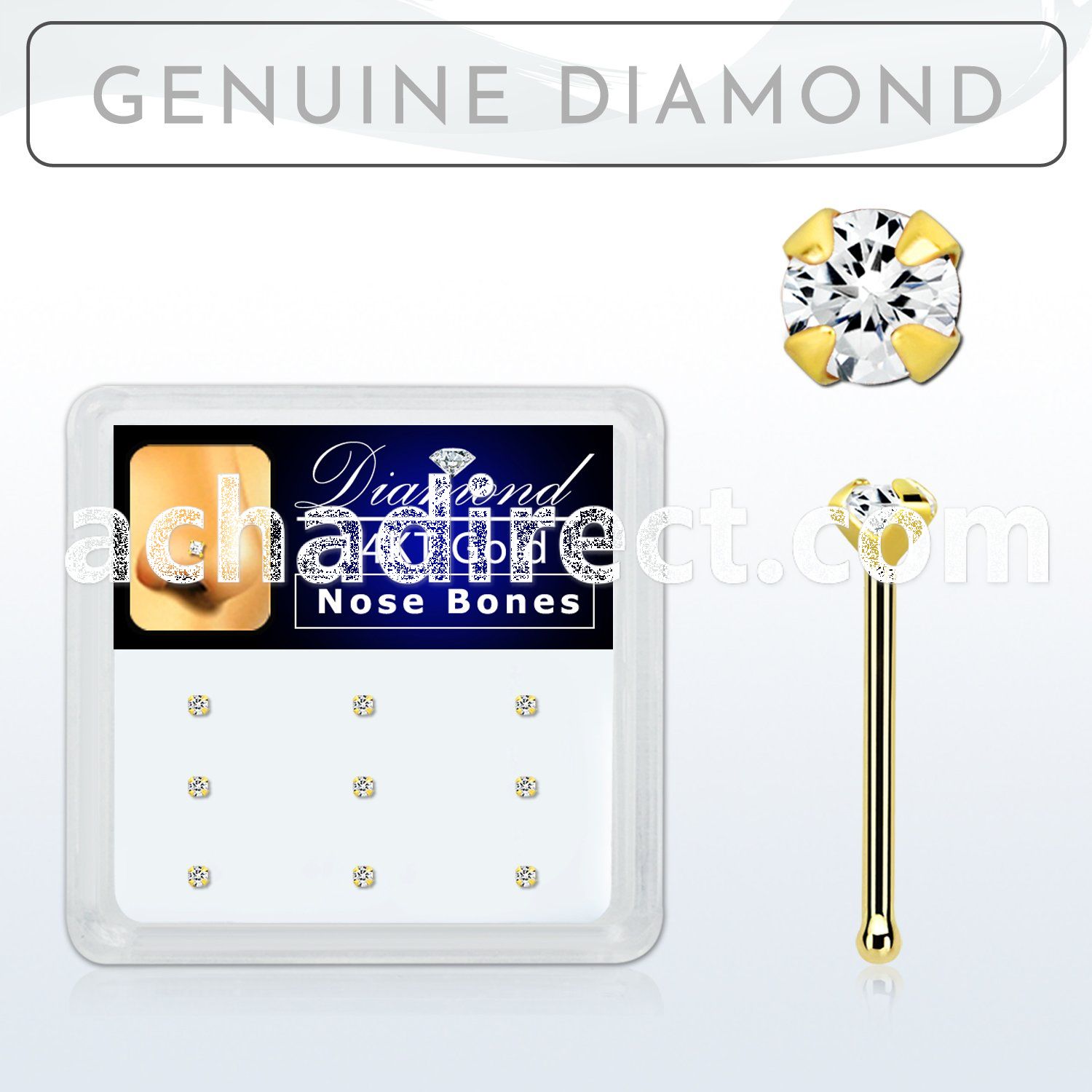 dgnb15 box w 14kt gold nose bones w 1 5 real prong set diamonds