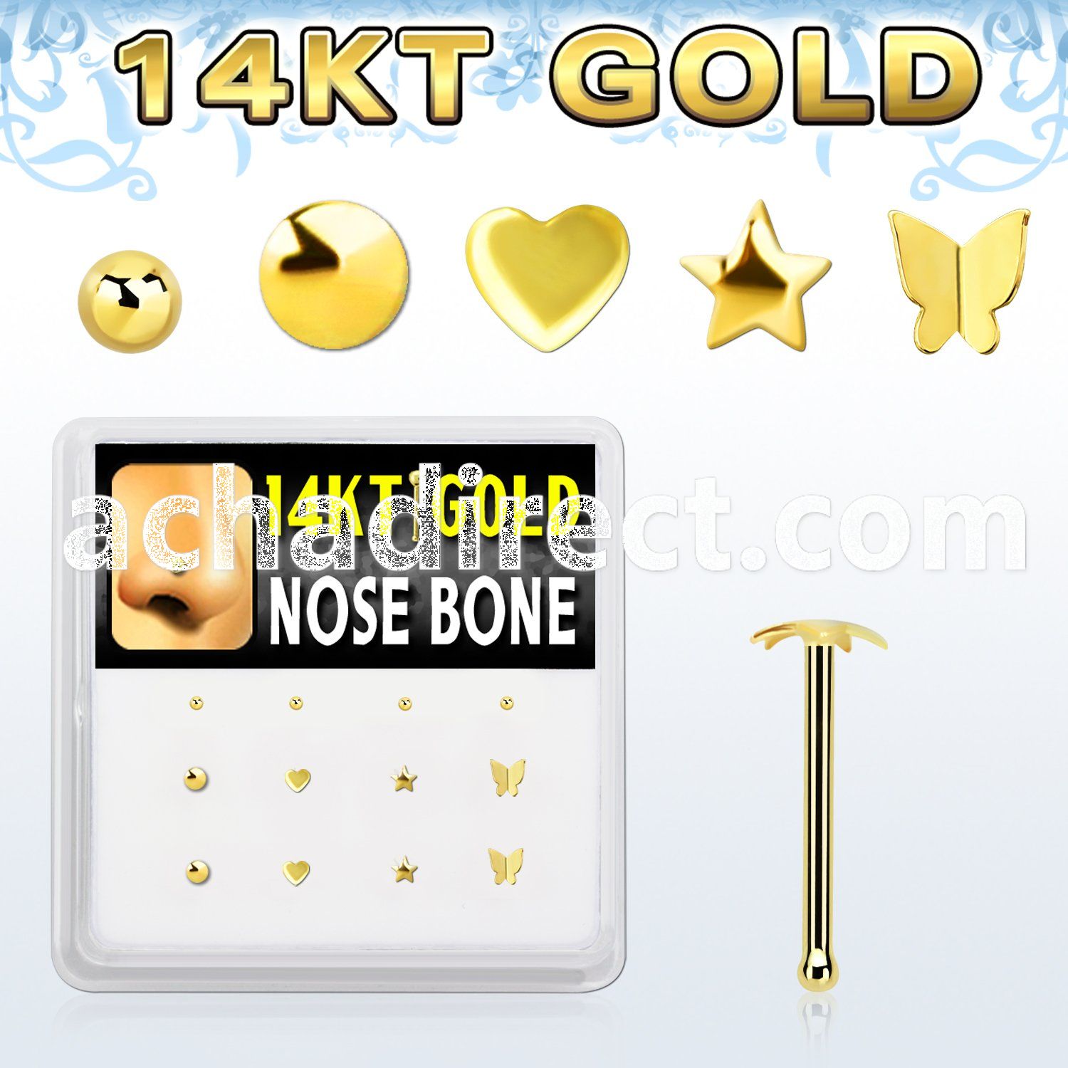 dgnb16 box w 14kt gold nose bones w mixed plain tops