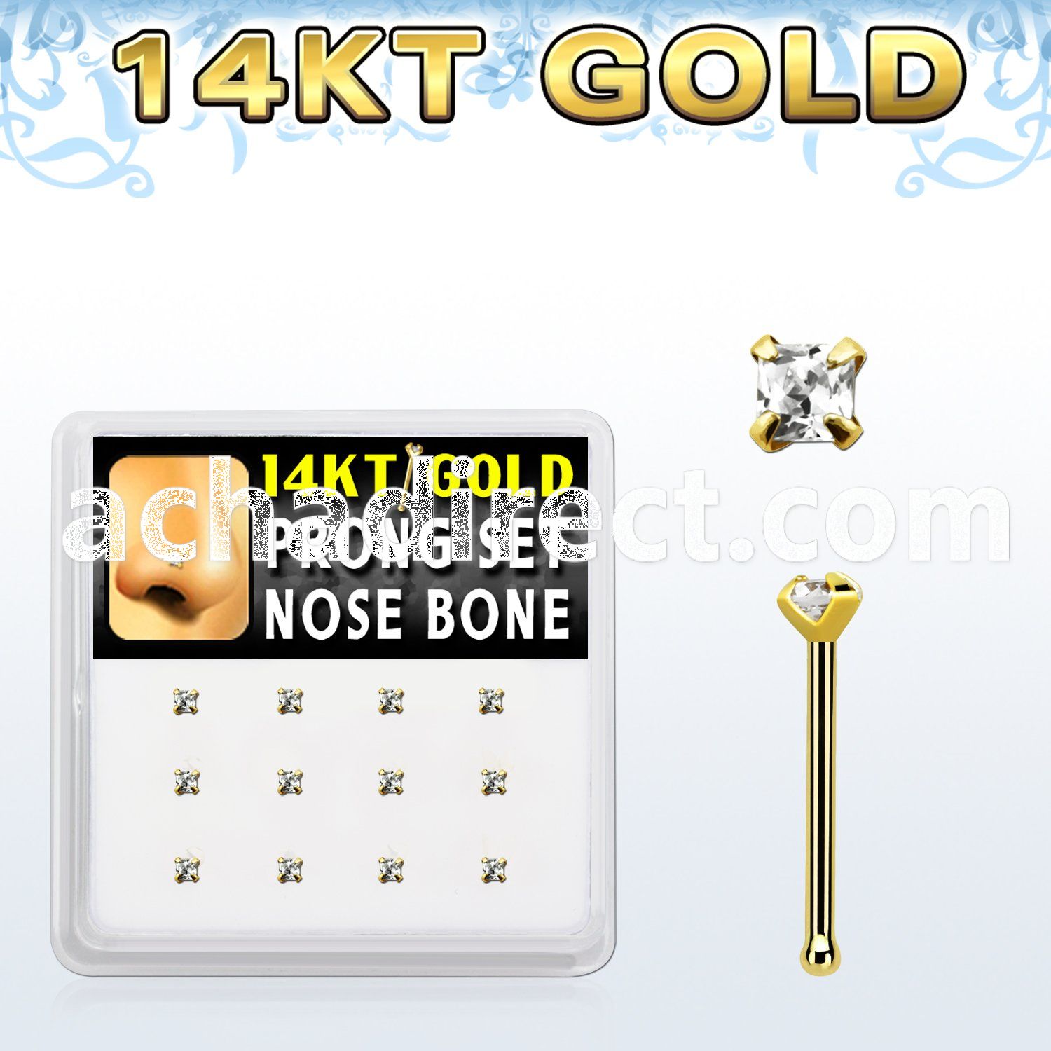 dgnb19 box w 14kt gold nose bones w prong set 2mm square cz 