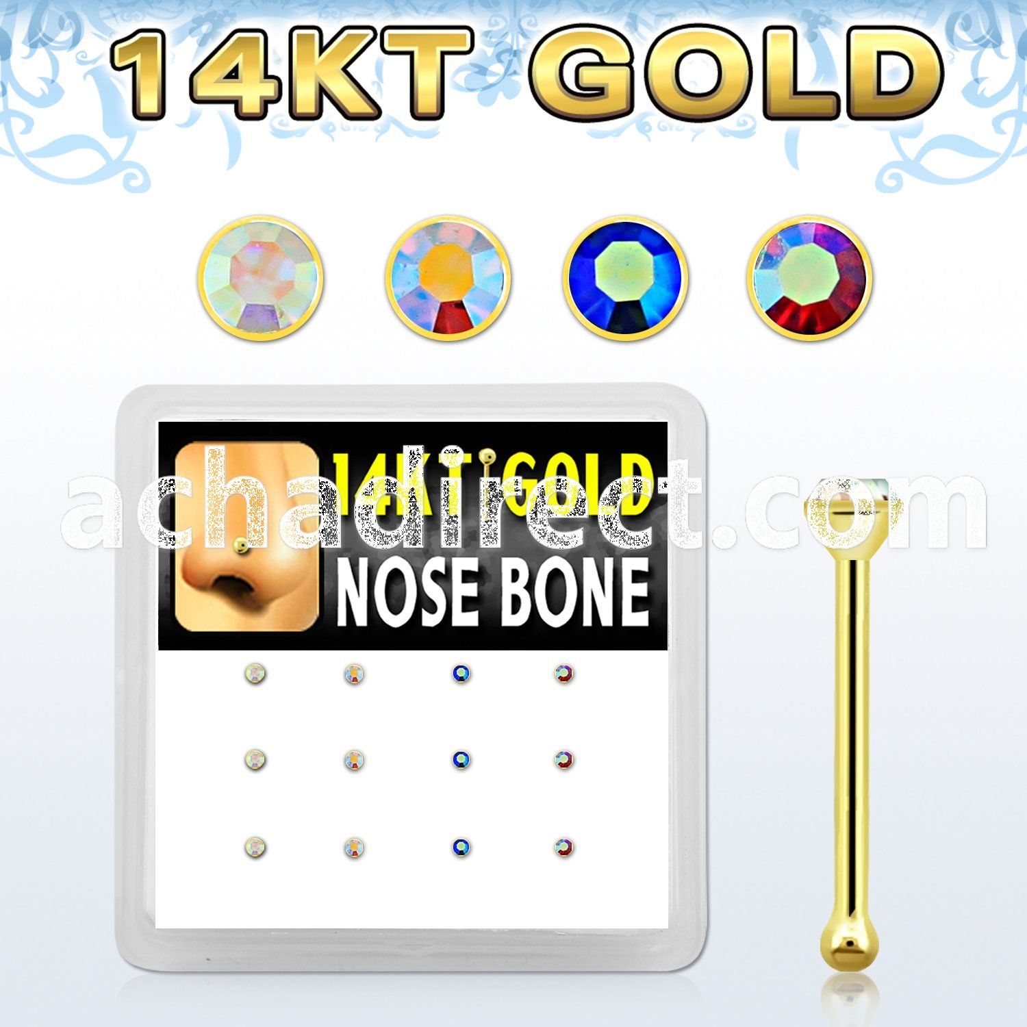 dgnb1 14kt gold nose bone w ab color 1 5mm round crystal top