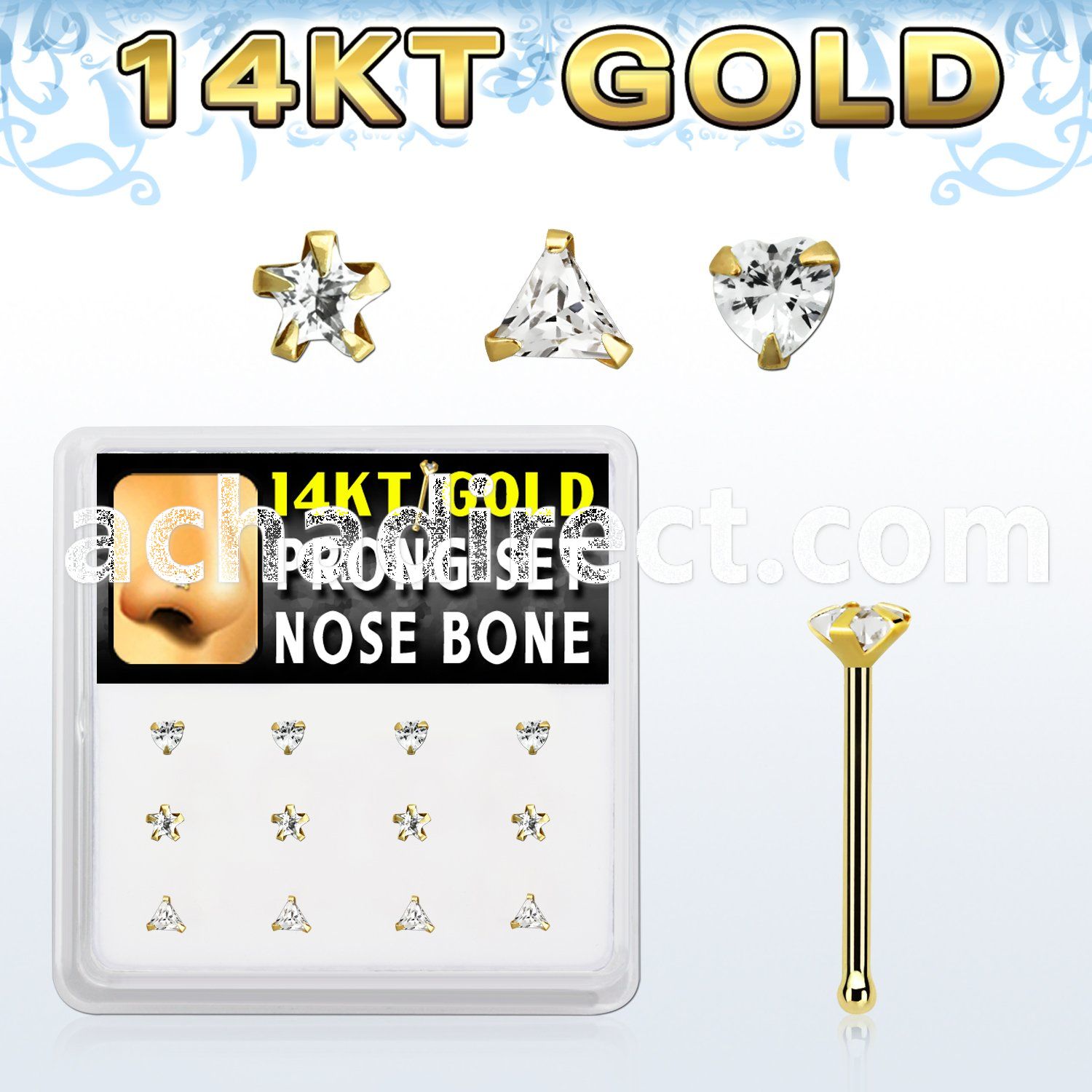 dgnb20 box w 14kt gold nose bones w 3mm cz in mixed shapes