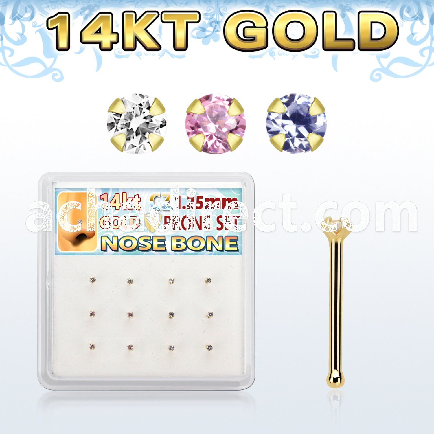 dgnb23 box w 14kt gold nose bones w 1.25mm round cz 