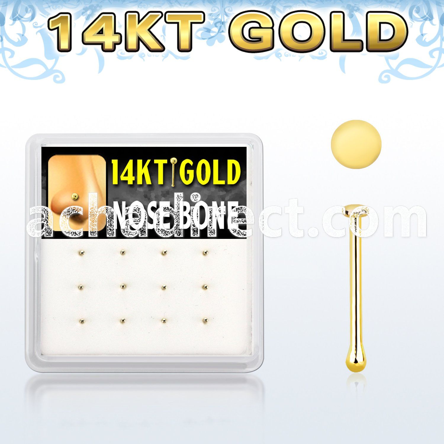 dgnb24 box w 12 14kt gold nose bones, 22g w round flat top