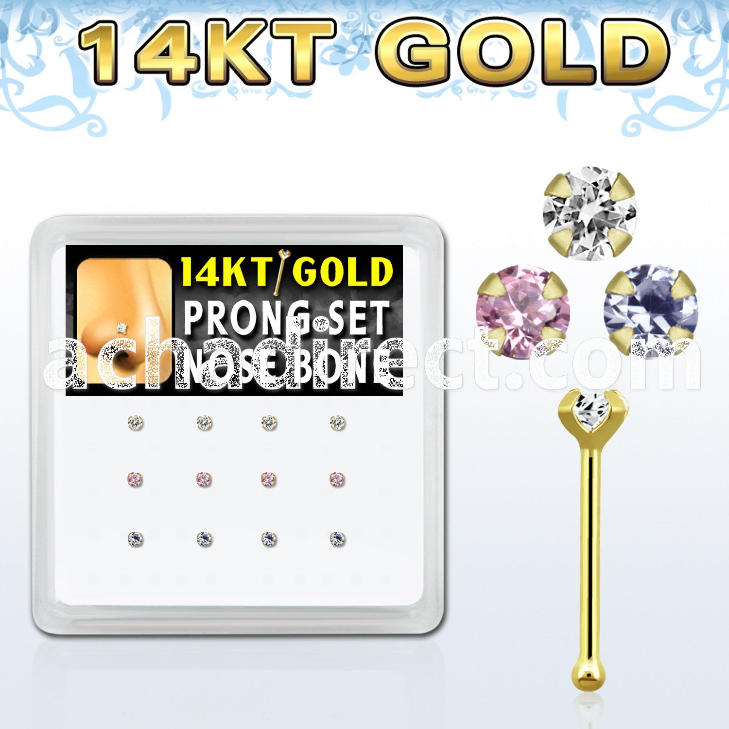 dgnb2 14kt gold nose bone with prong round cz stone