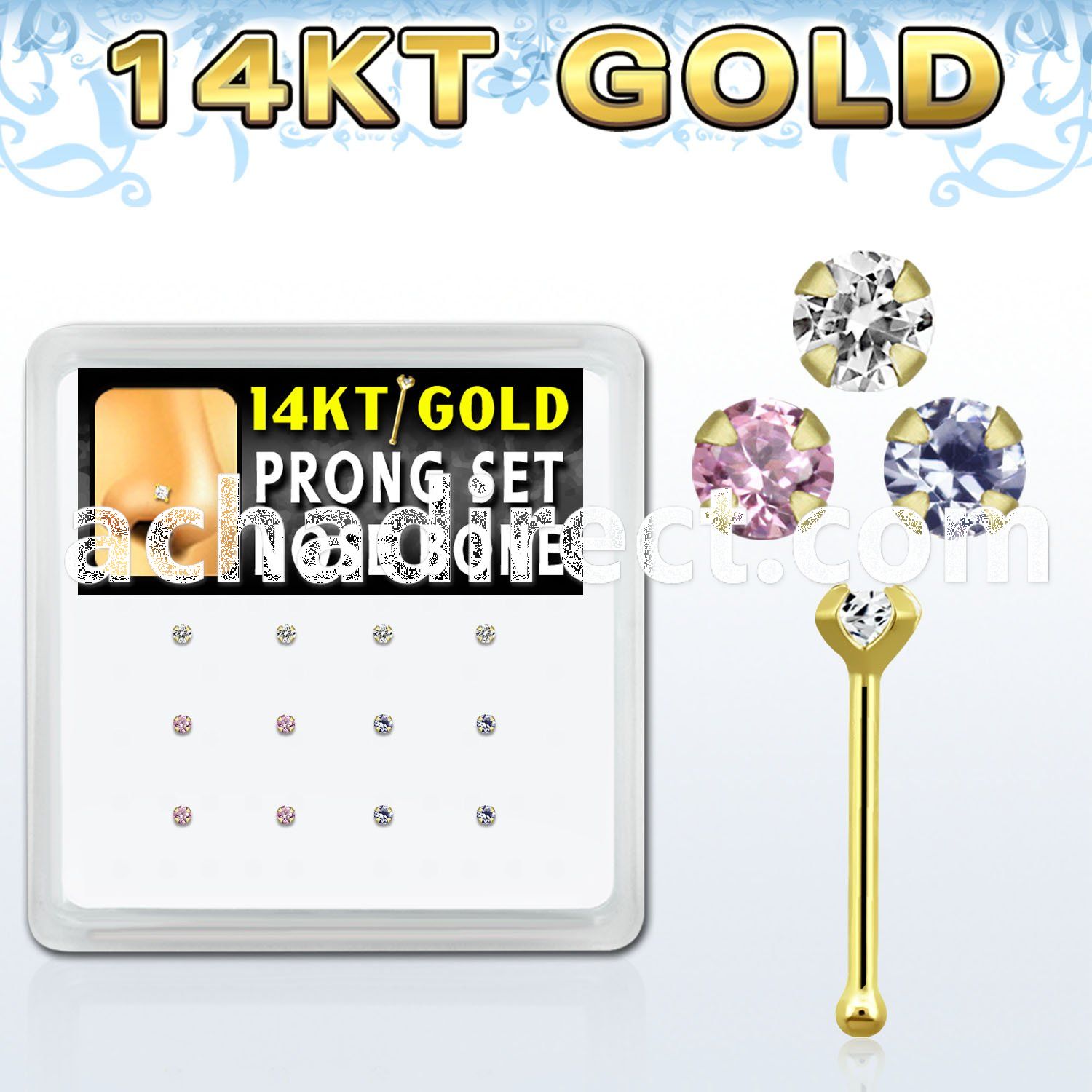 dgnb4 14kt gold nose bone with 1 5mm prong round cz stone