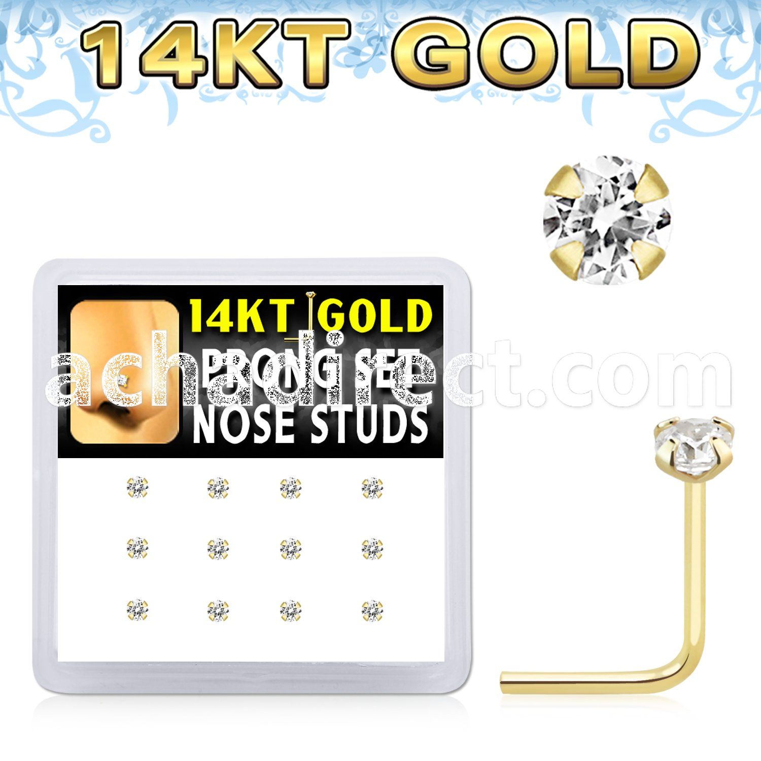 dgns6 14k gold nose studs 2mm clear cz prong 12pcs