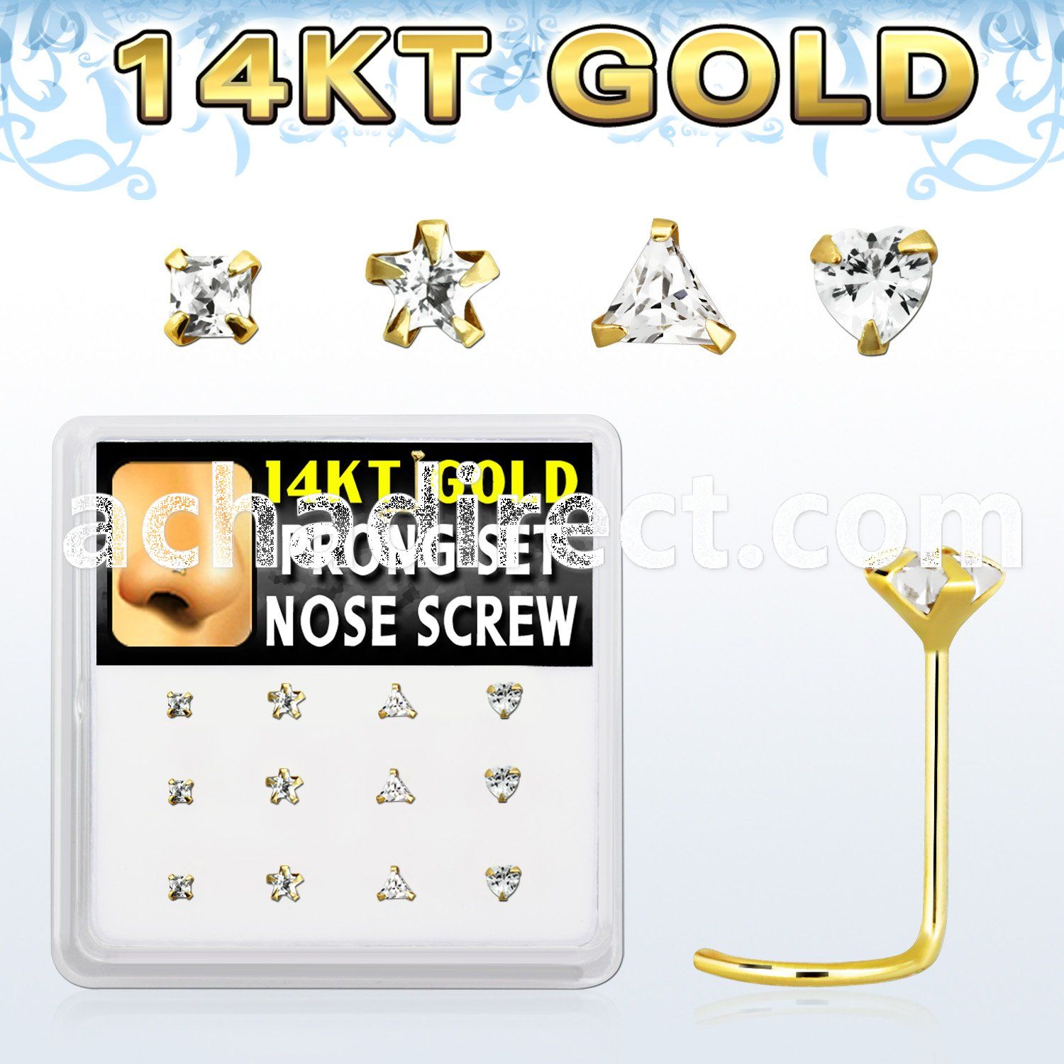 dgsc13 box w 14kt gold nose screws w 3 mm special shape cz tops