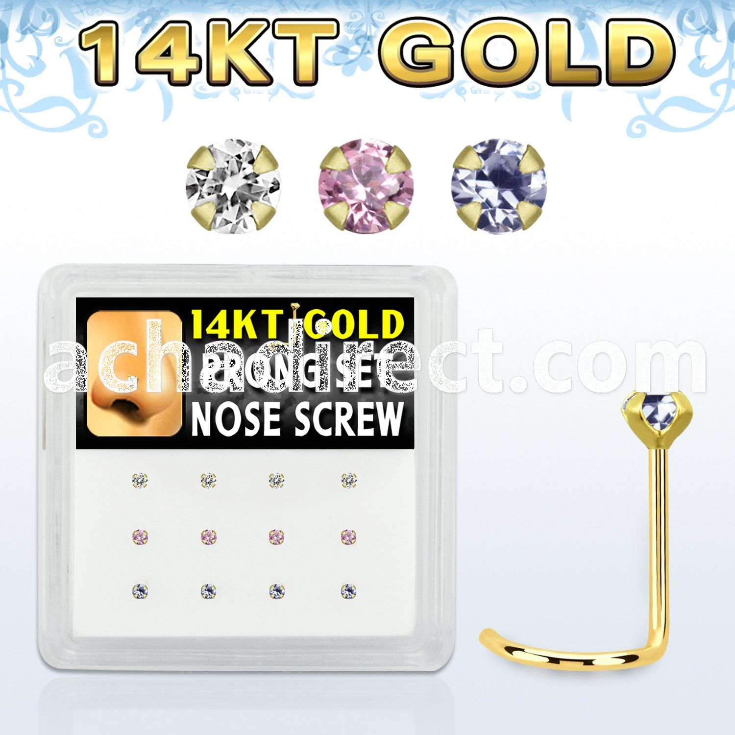 dgsc27 box w 14kt gold nose screw w prong set 2mm mix color czs
