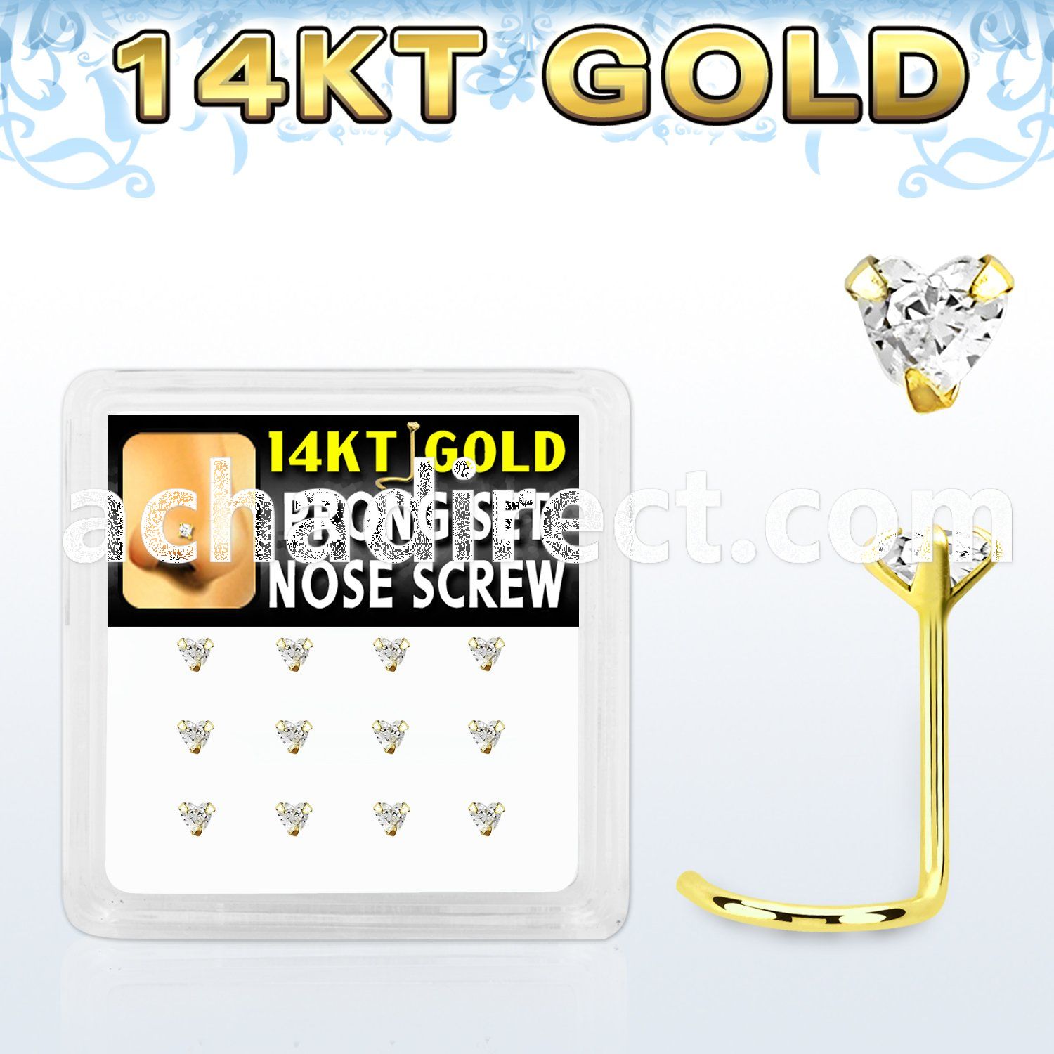dgsc5 box w 14kt gold nose screws w prong set 3mm heart cz 