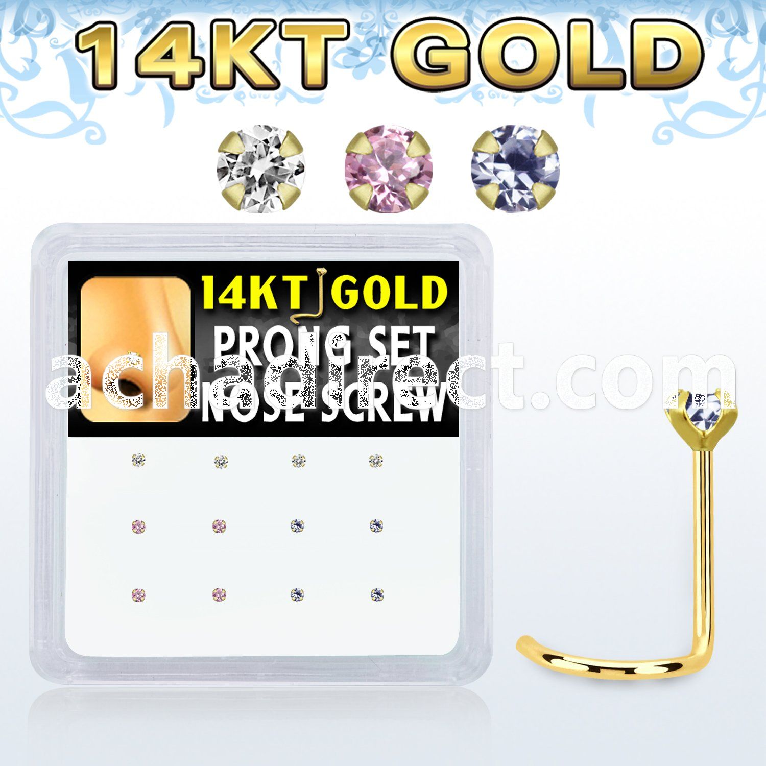 dgsc7 box w 14kt gold nose screw w mixed 1.5mm prong set czs