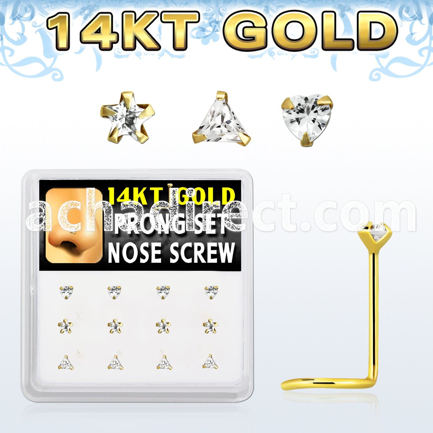 dgsc9 box w 12 pcs of 14kt gold nose screw w clear assorted cz