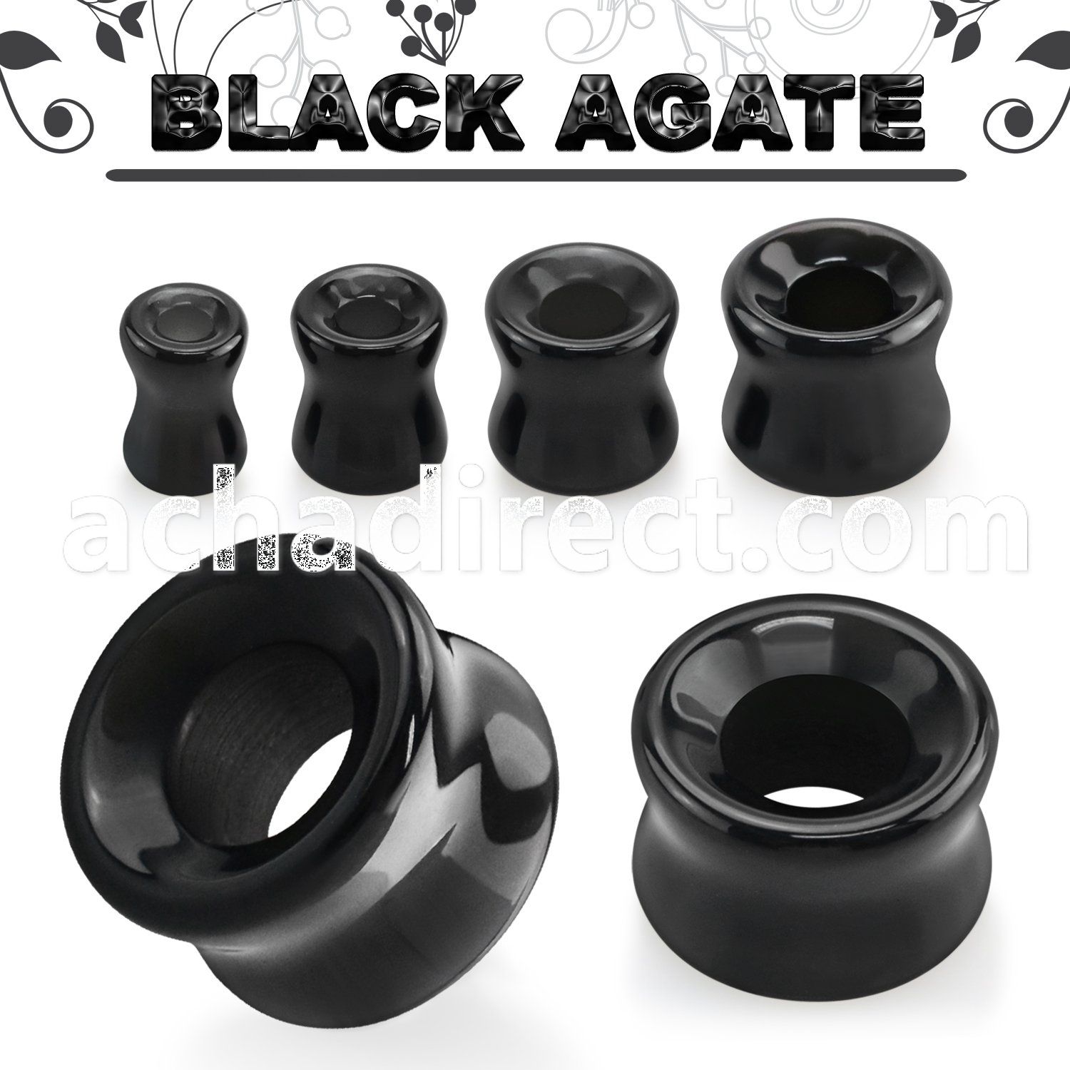 dgsii precious black agate stone double flare flesh tunnel
