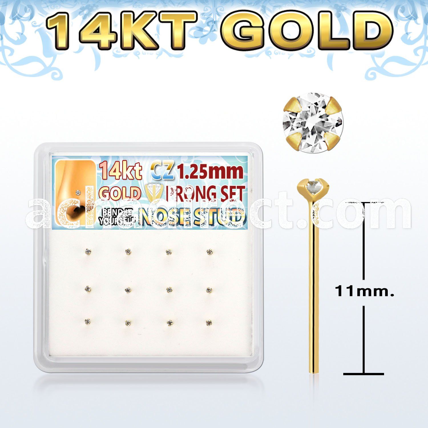 dgys22 box w 14kt gold nose bend it nose stud w 1.2mm clear cz 